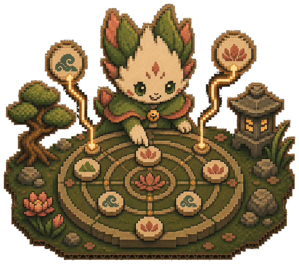 A forest spirit placing a tile on a pai sho board