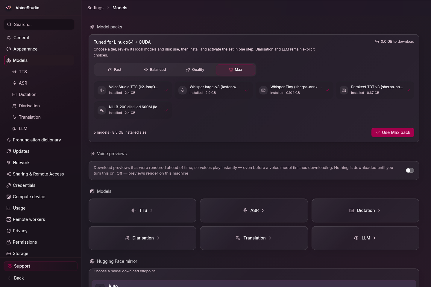 Install and manage local speech models