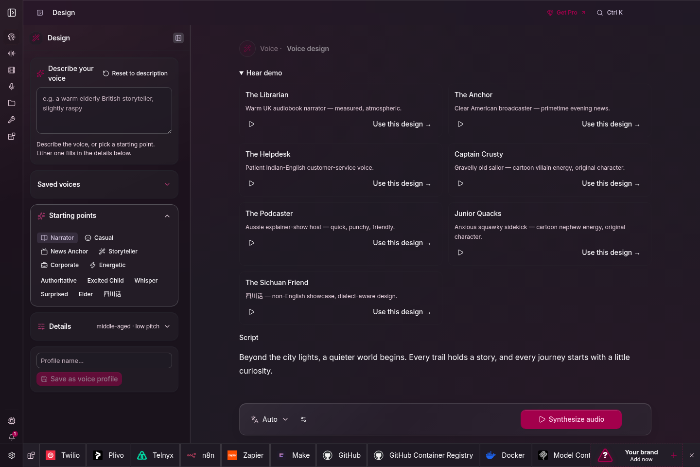 Describe a voice in the Electron voice design workspace