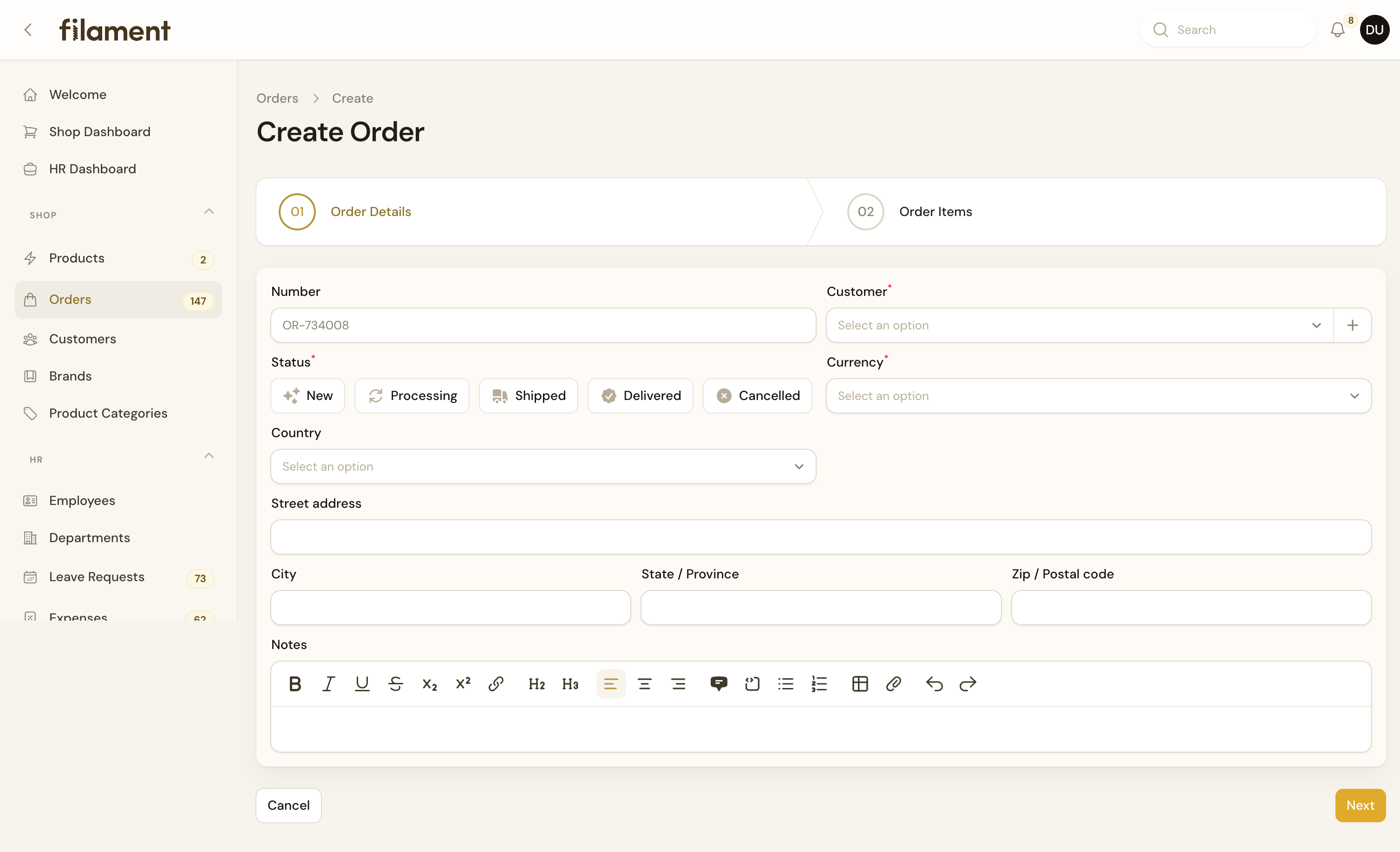 Create Order Light