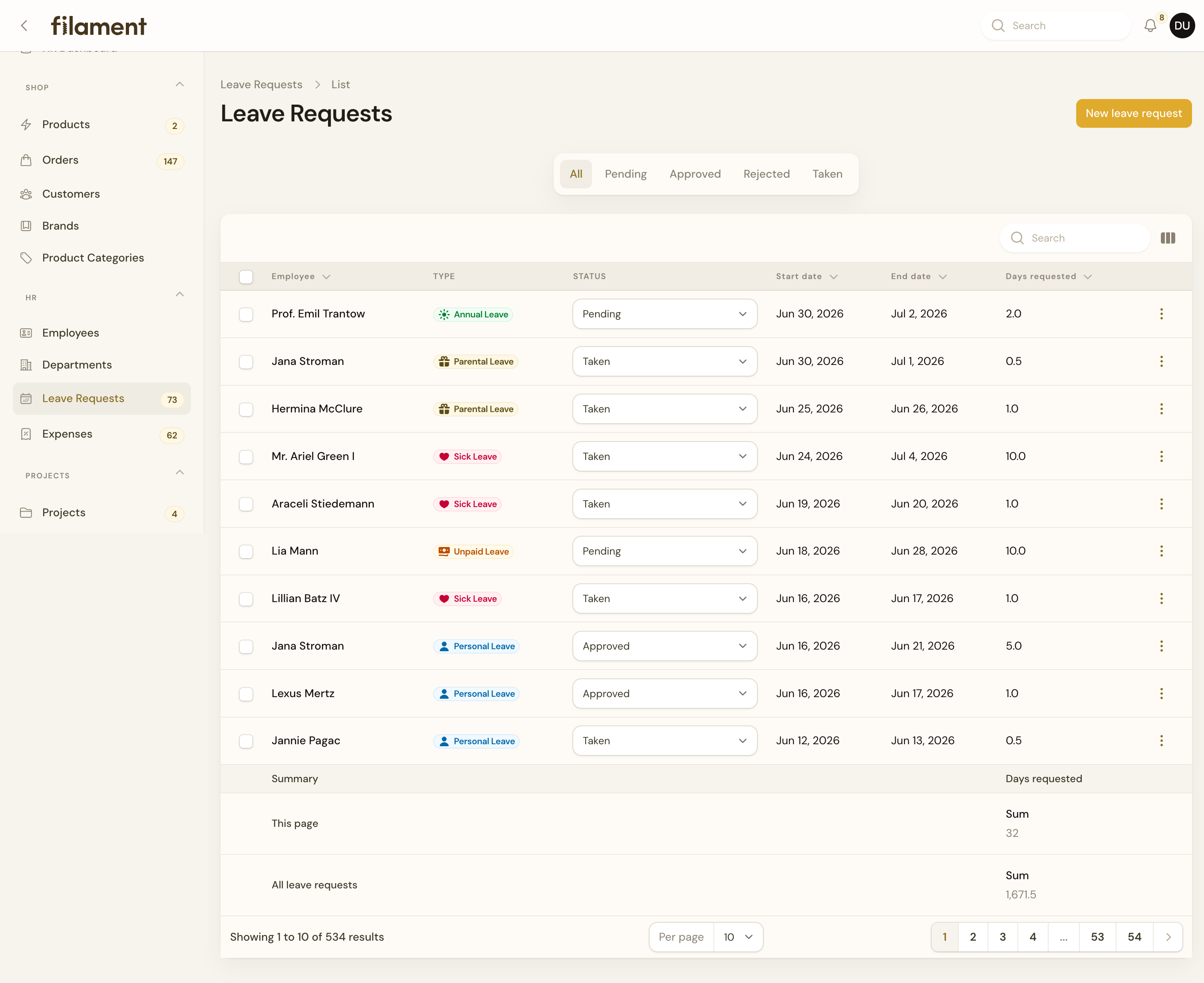 Leave Requests List Light