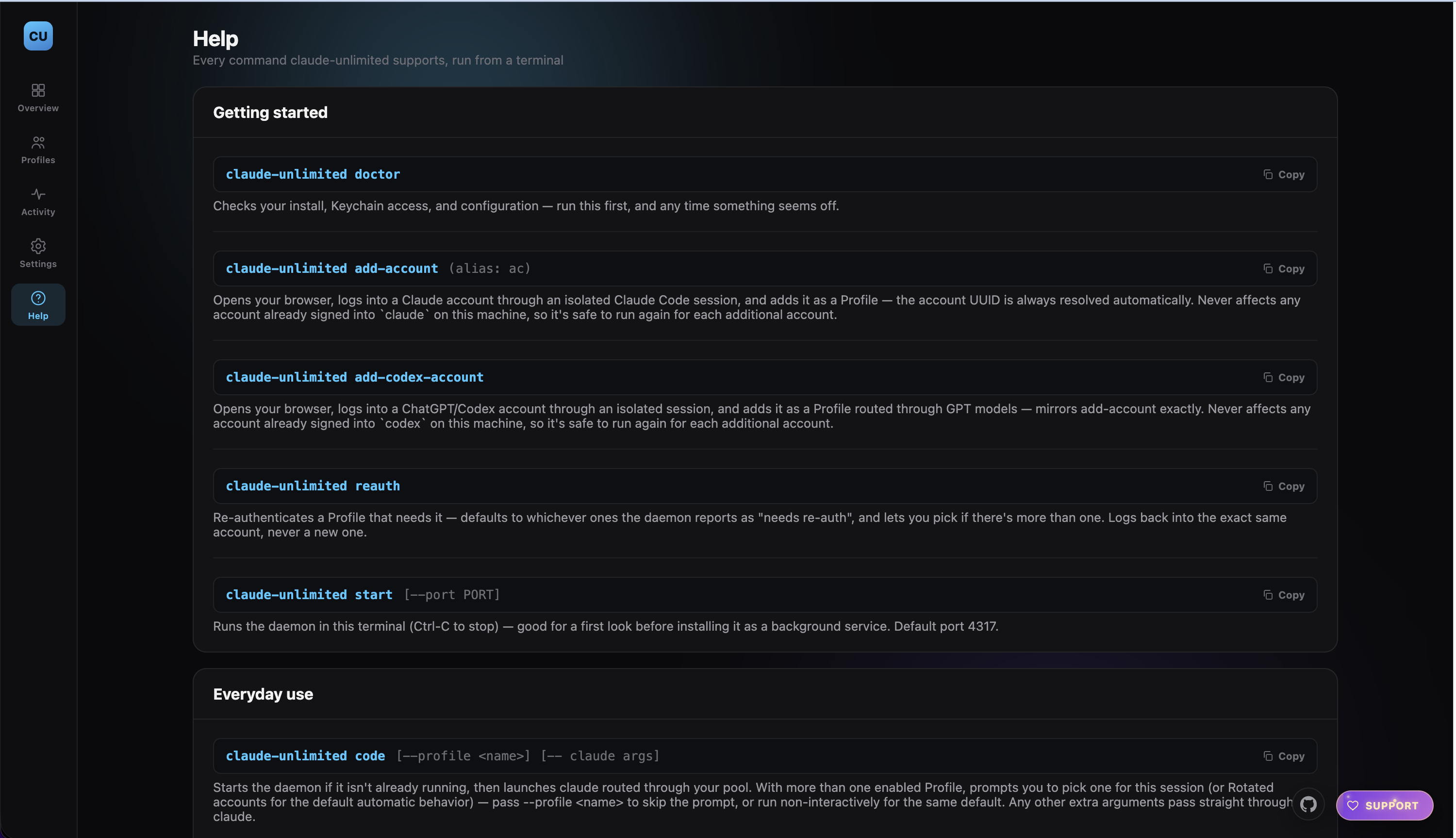 Help — every CLI command