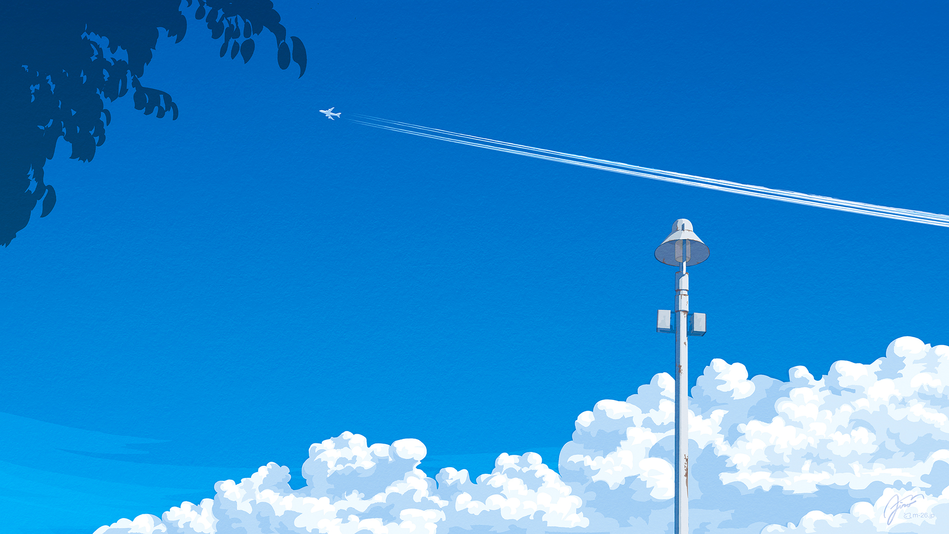 a_white_light_pole_with_a_jet_trail_in_the_sky