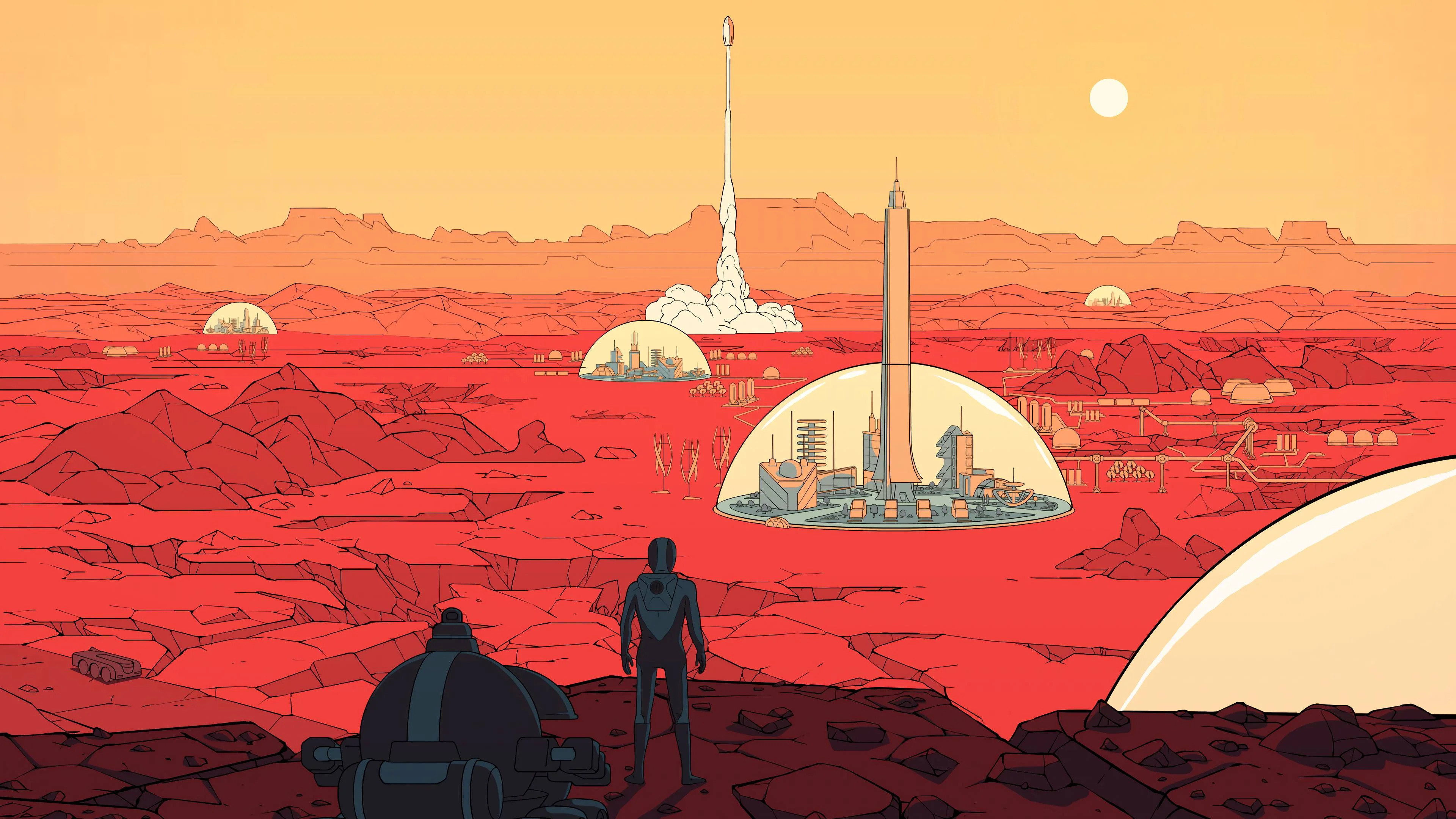 a_cartoon_of_a_space_ship_and_a_man_standing_on_a_rocky_surface