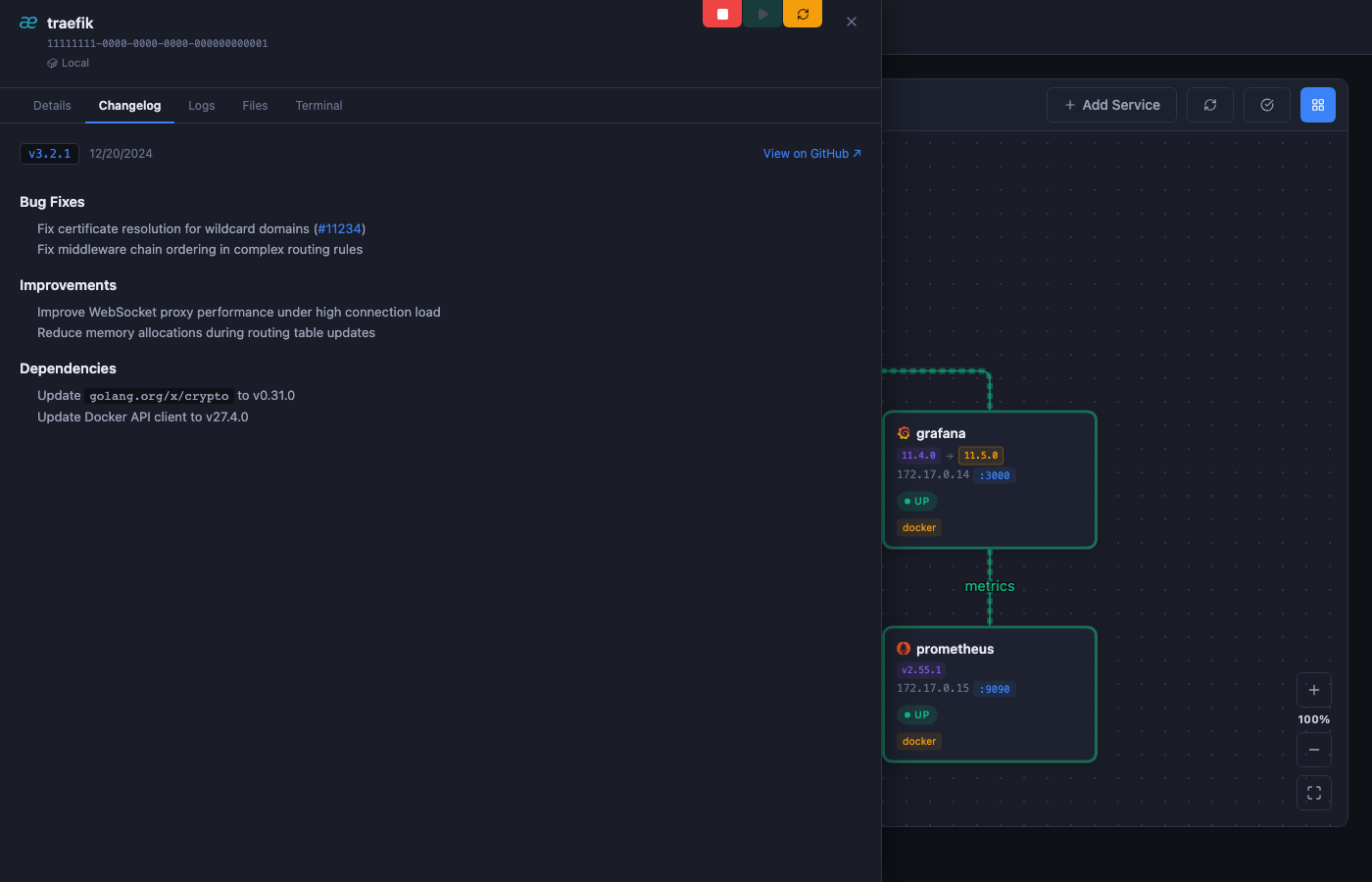 Service drawer — Changelog tab