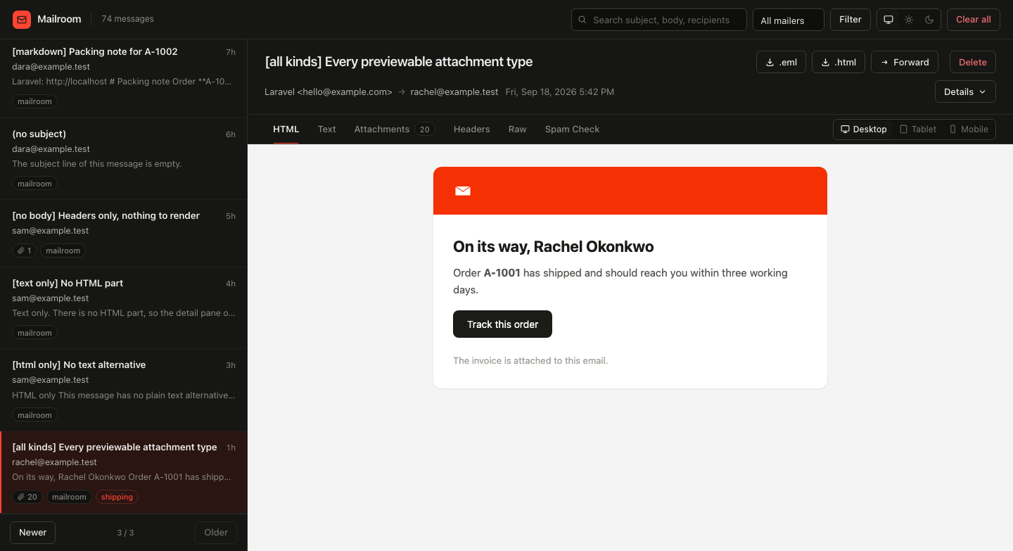 The Mailroom mailbox in dark mode