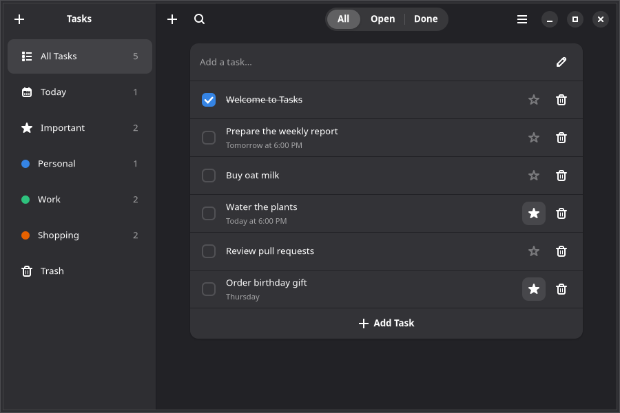The Tasks app: an Adwaita window with a sidebar of smart views and colored lists on the left, and a boxed task list on the right.