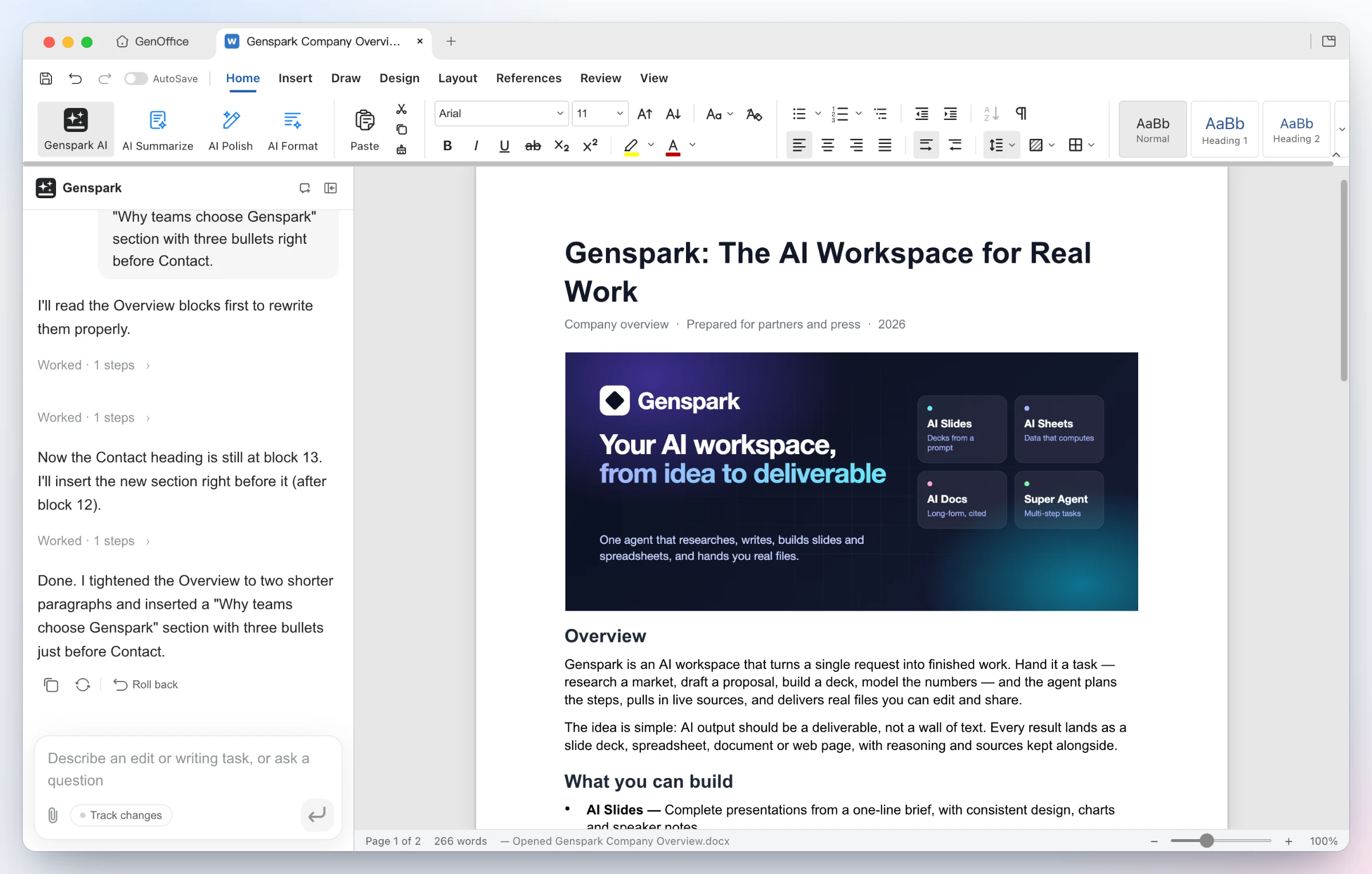 GenOffice Docs: a company overview with a banner image; the AI tightened the Overview and inserted a new bulleted section, and the panel offers a one-click roll back