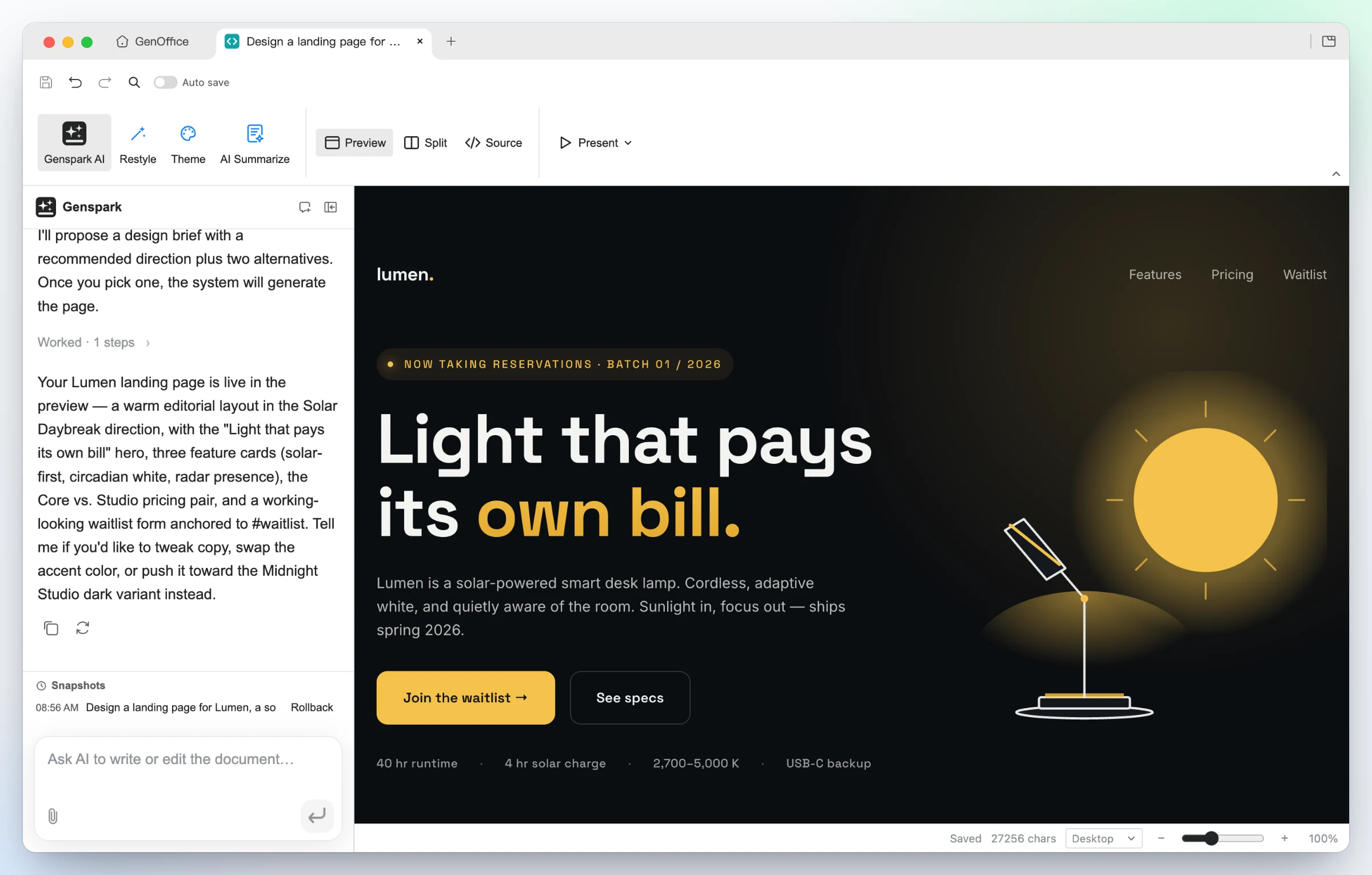 GenOffice HTML: a generated landing page for a solar desk lamp in the dark Midnight Studio direction, shown in the live preview with the AI panel summarizing the page it just built