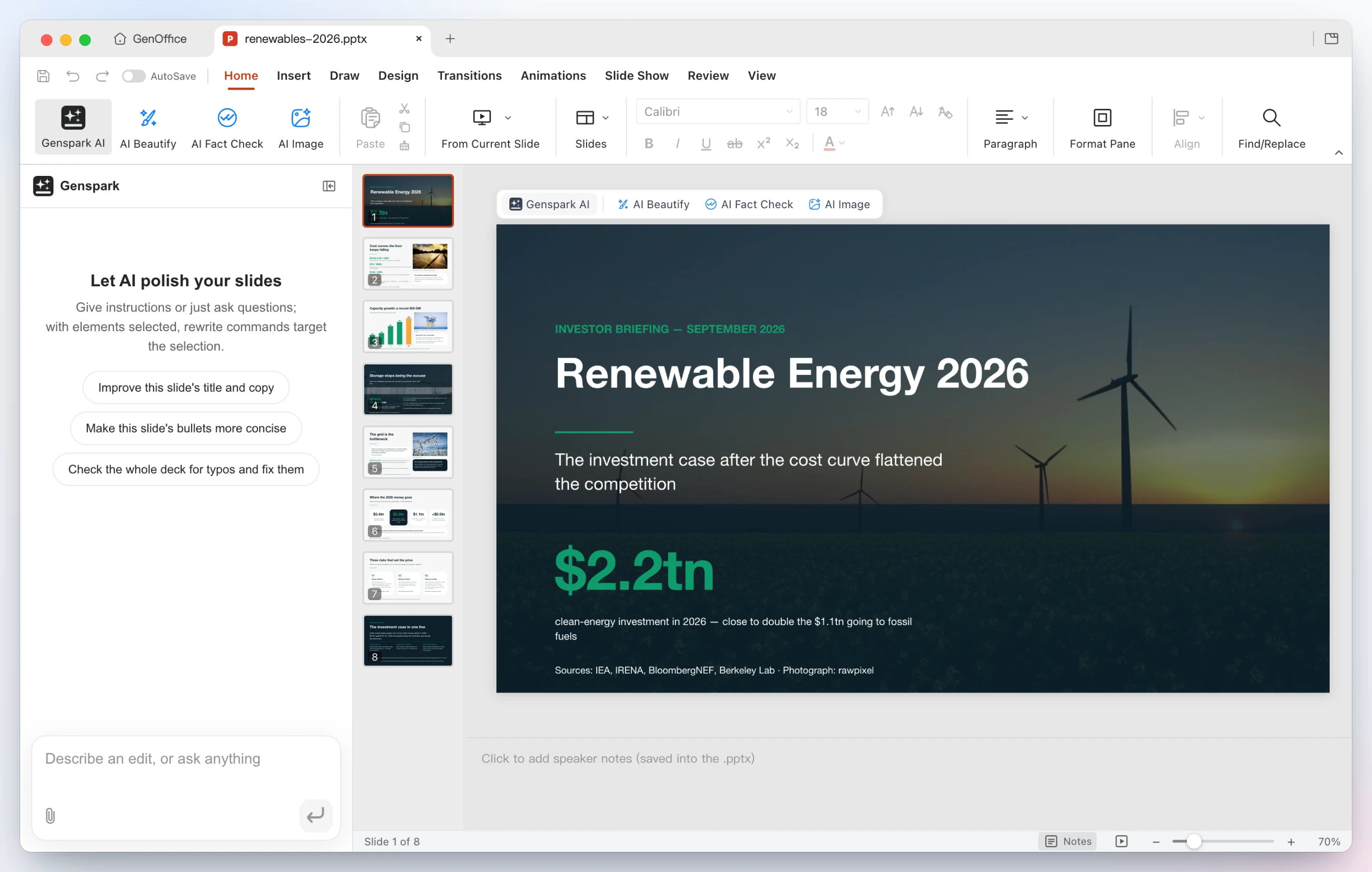 GenOffice Slides showing the eight-slide Renewable Energy 2026 deck that Claude Code built through the genoffice MCP server: the cover slide with a wind-farm photograph on the canvas and eight thumbnails on the left