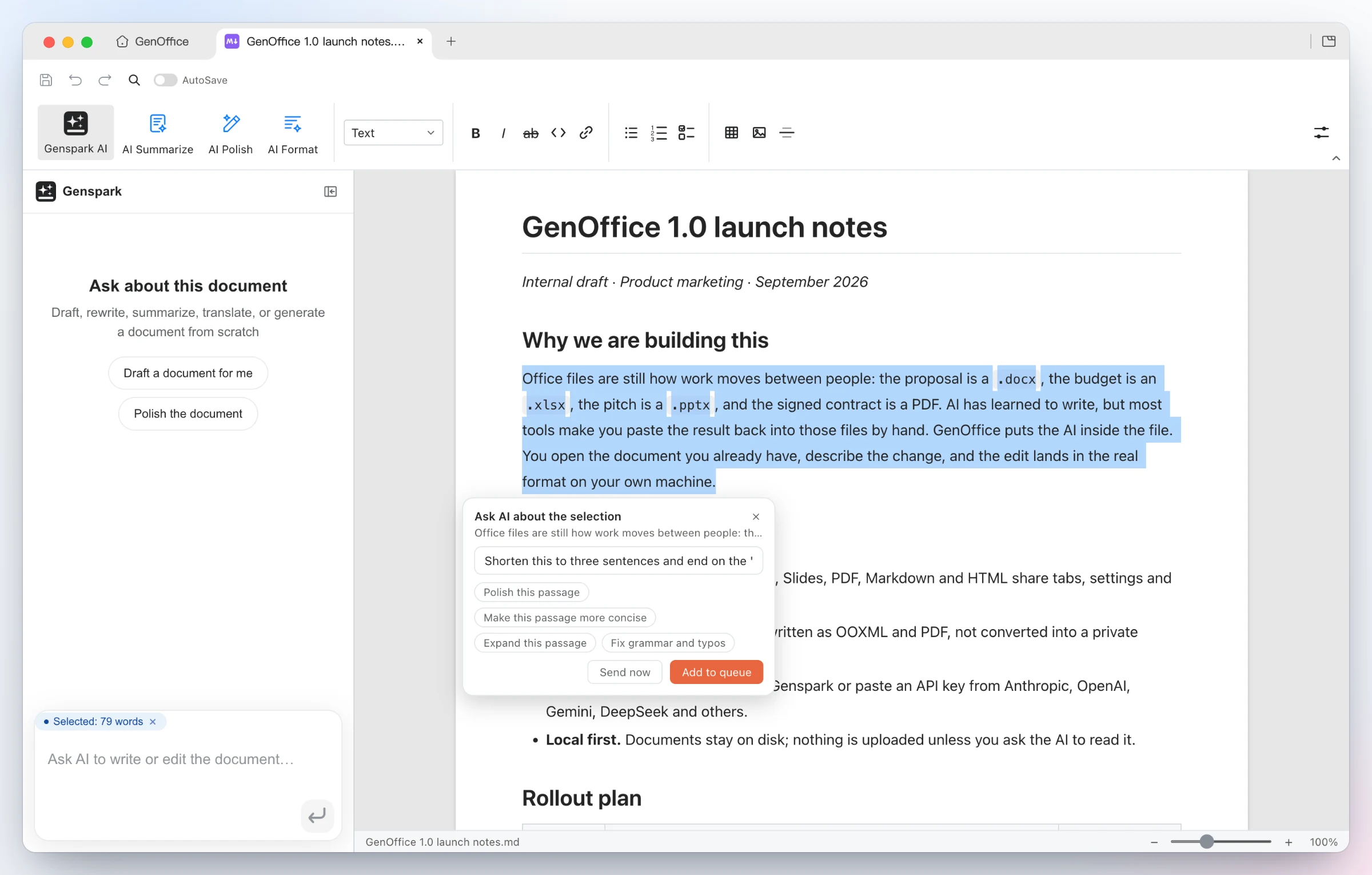 GenOffice Markdown: a selected paragraph shows an Ask AI popover with a typed instruction and suggestion chips such as Polish, Make more concise, Expand and Fix grammar, plus Send now and Add to queue buttons