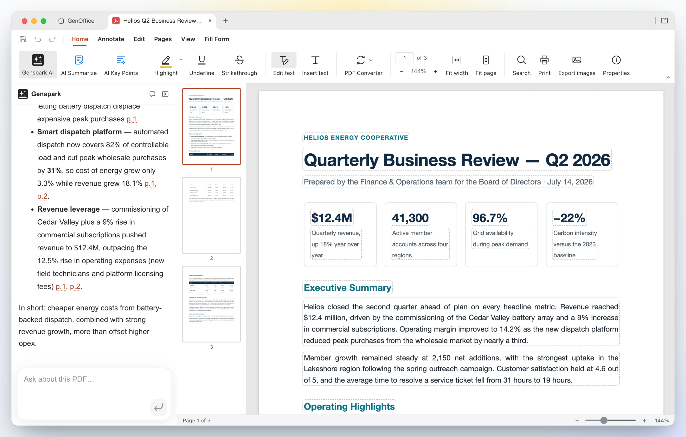 GenOffice PDF: Edit text mode outlines every text block on the page for in-place editing while the AI panel answers a question about the report with page citations