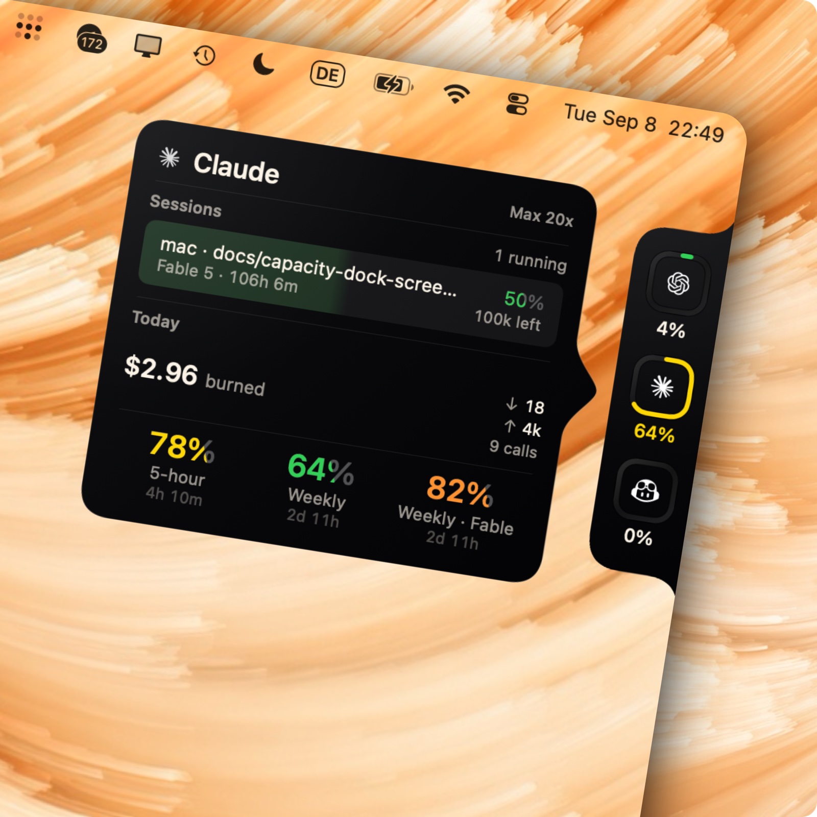 CodeBurn Capacity Dock showing live provider usage rings on the screen edge