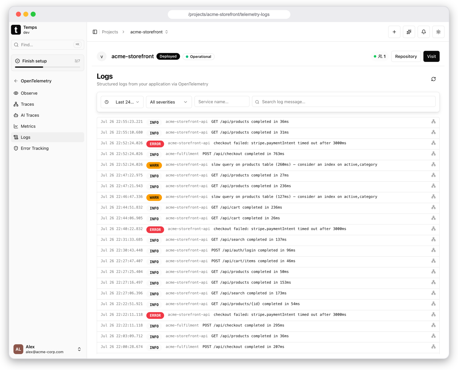 Temps structured logs — severity, service and message, correlated with traces