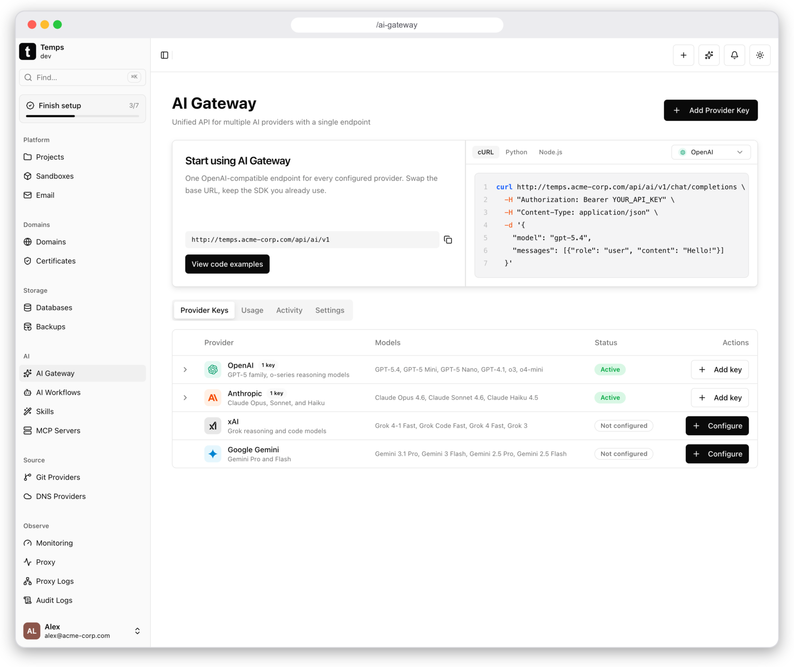 Temps AI Gateway — BYOK provider keys behind one OpenAI-compatible endpoint
