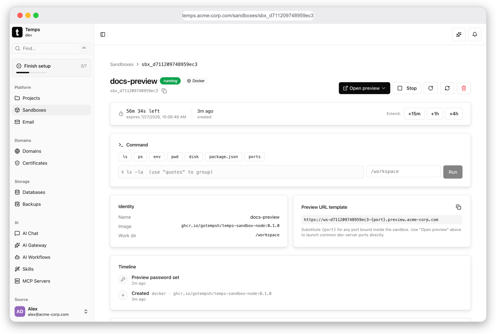 Temps sandbox detail — Docker/Firecracker backend, in-browser command runner, preview URL template and password-protected previews