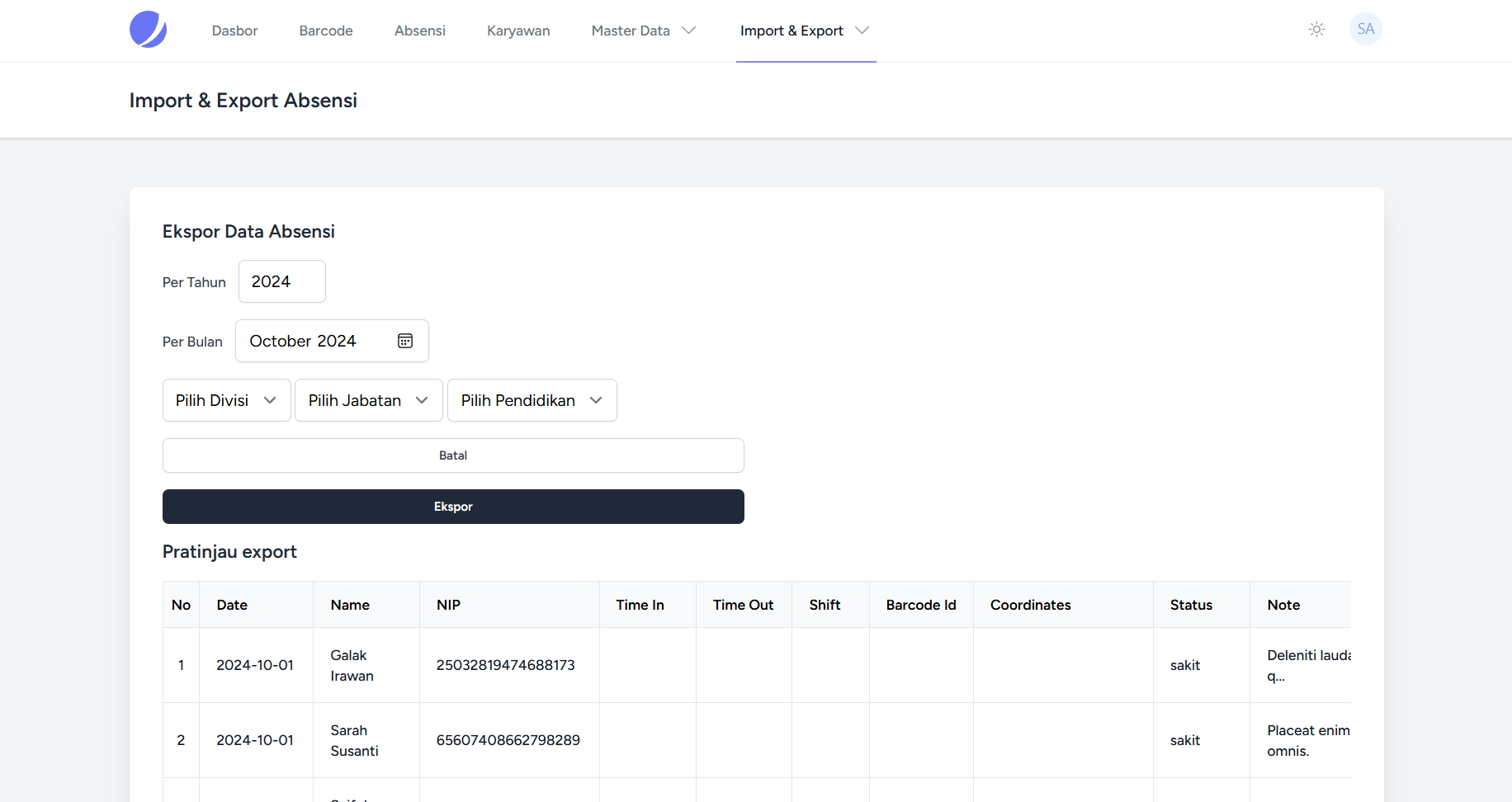 Export/Import Data Absensi + Preview