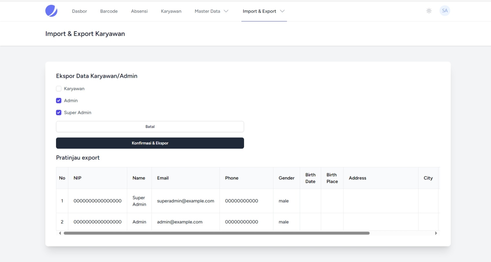 Export/Import Data Karyawan + Preview