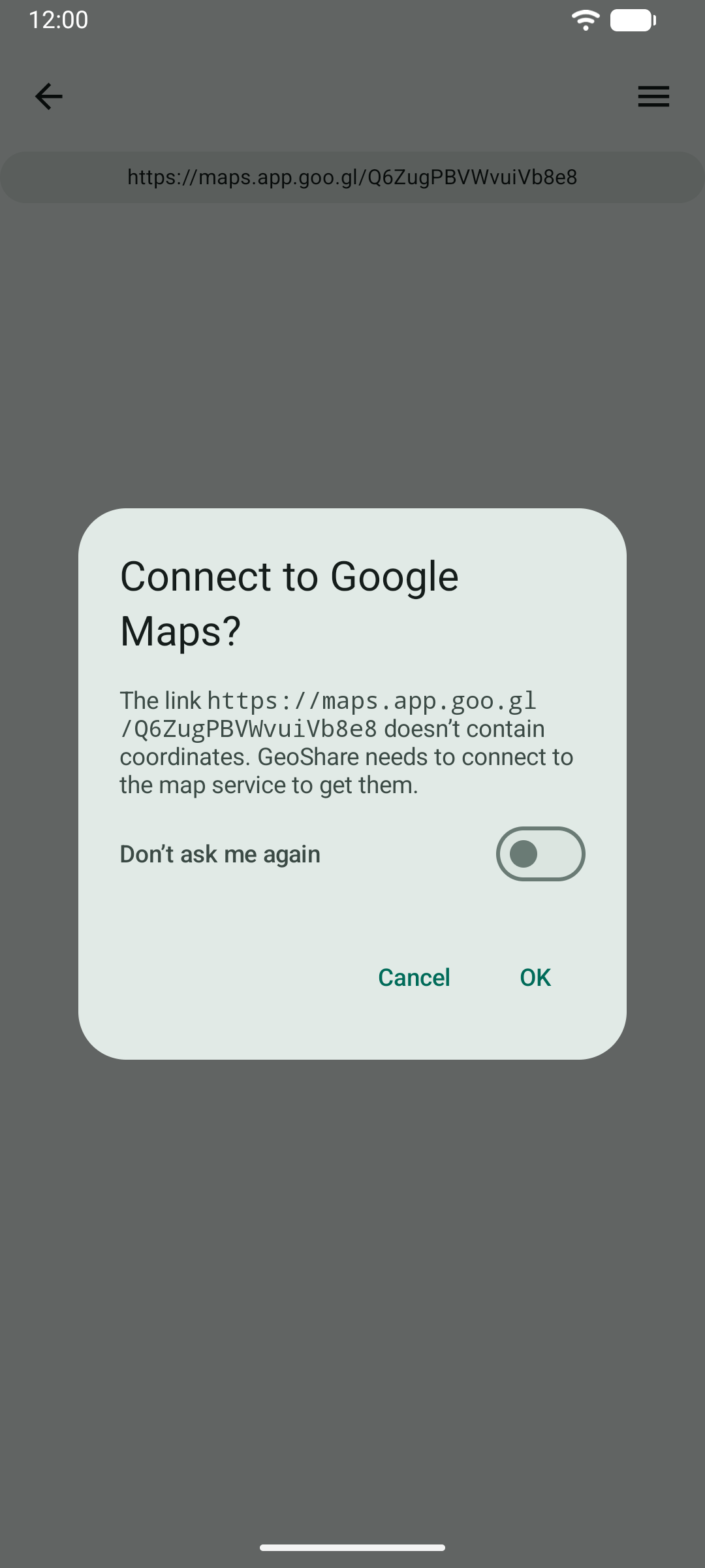Screenshot of GeoShare asking for permission to connect to Google