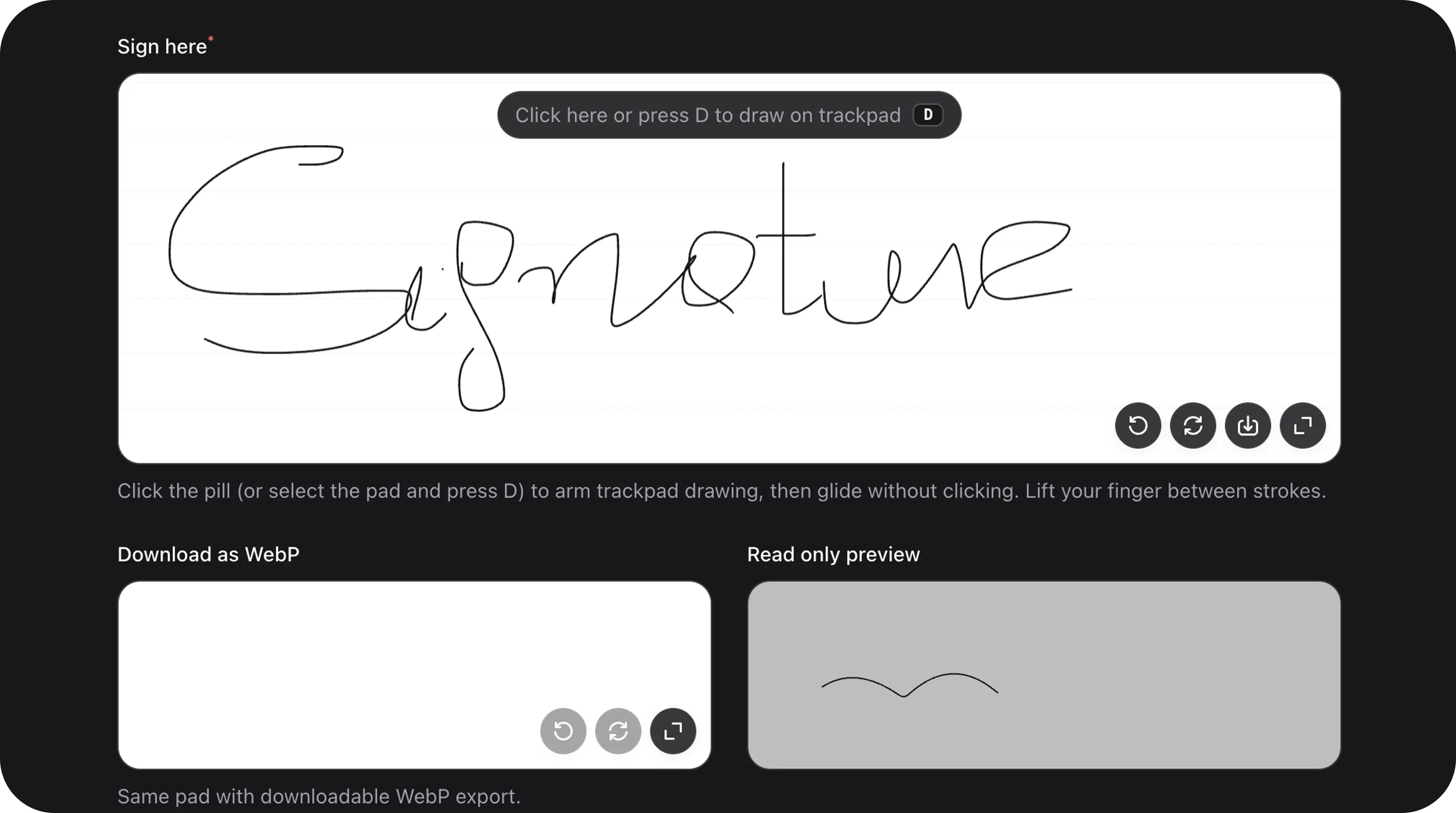 SignatureField - HTML5 canvas handwriting signature pad for Filament forms, allowing touch-friendly signatures with WebP export