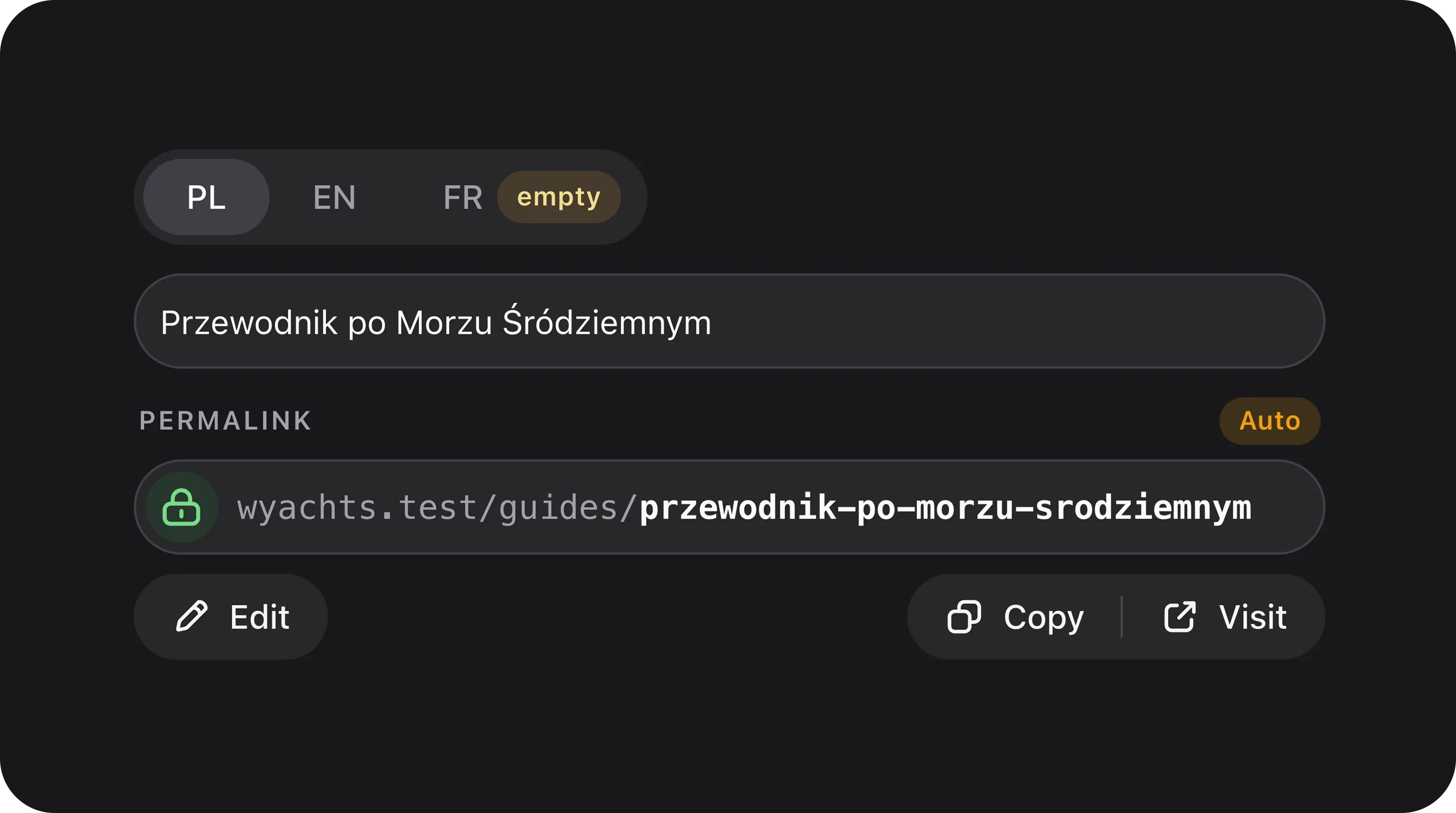 SlugField combined with TranslatableFields showing multi-lingual title fields and live localized URL slug generation