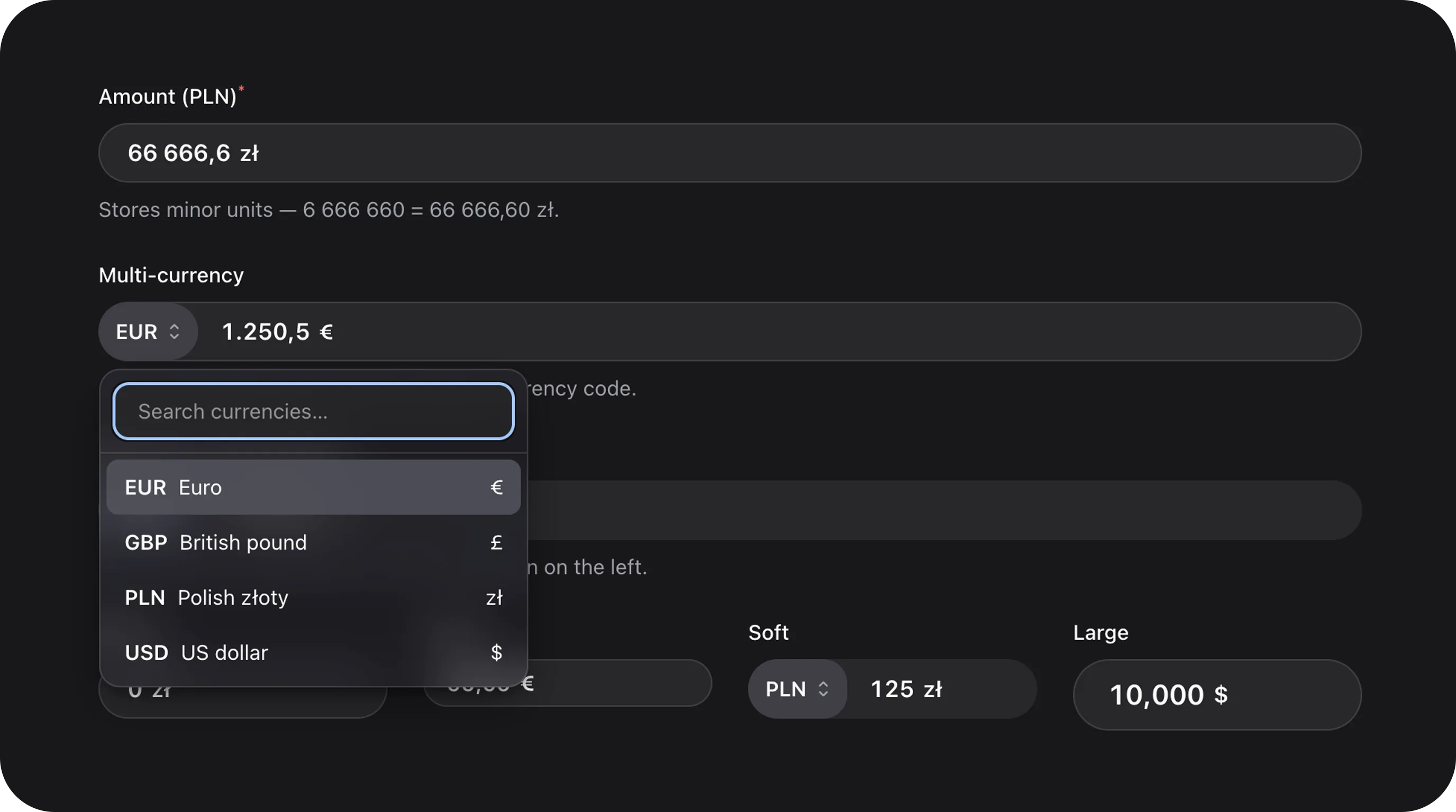 CurrencyField - Multi-currency localized money input with real-time formatting, automatic decimal separation, and prefix selector