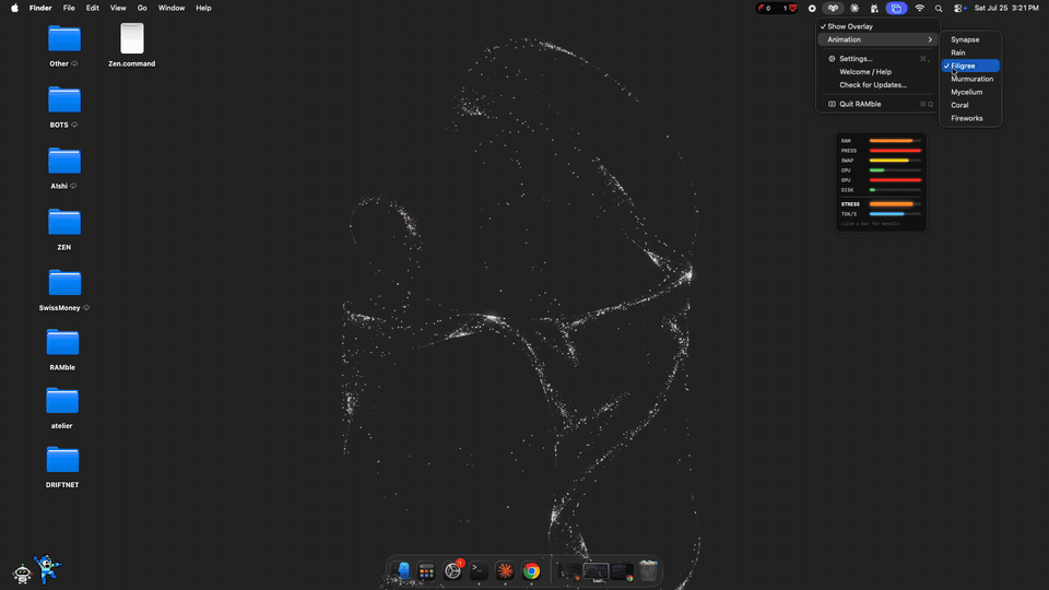 RAMble live on a desktop — the Murmuration flock storming across the screen while Ollama pins the GPU