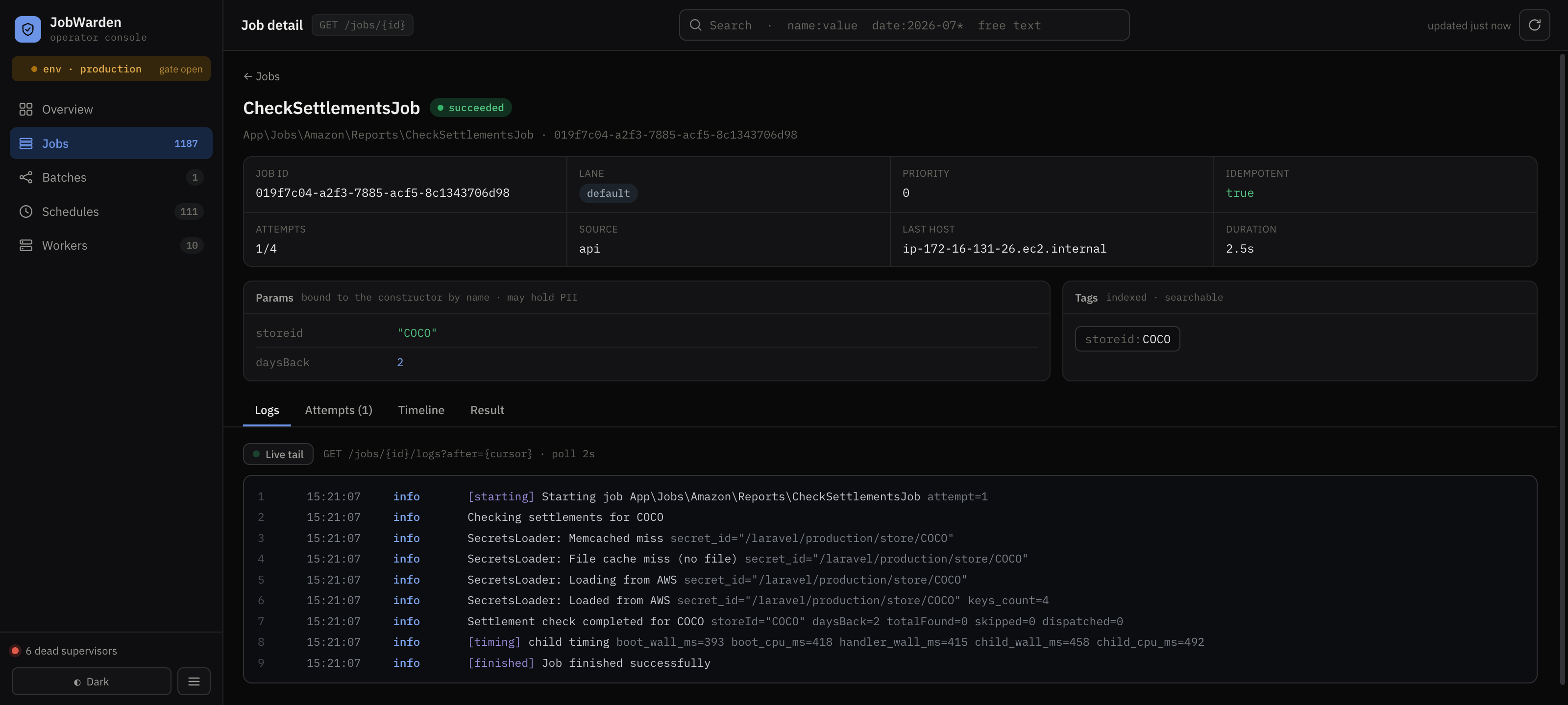 Job detail with params, tags, and a live log tail