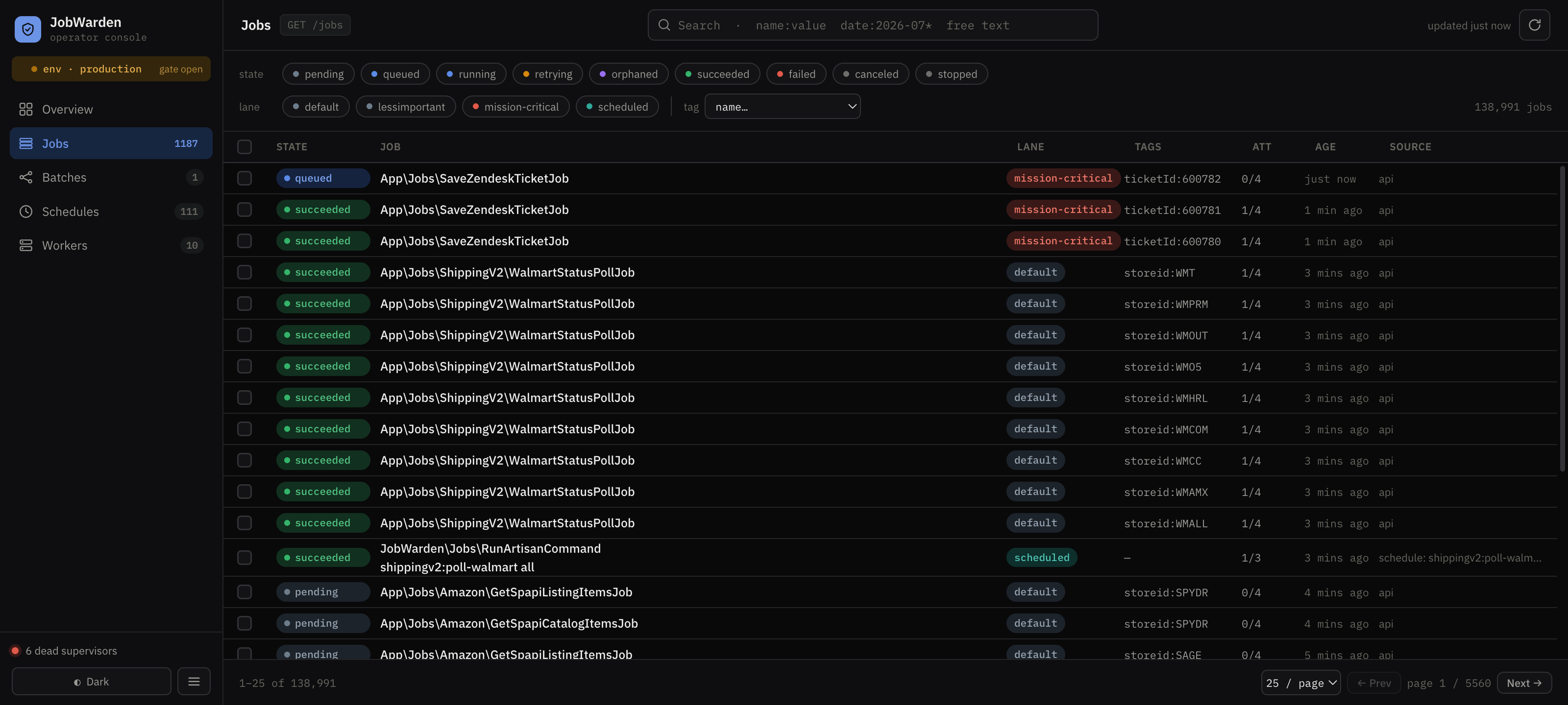 The Jobs screen filtering 139k production jobs