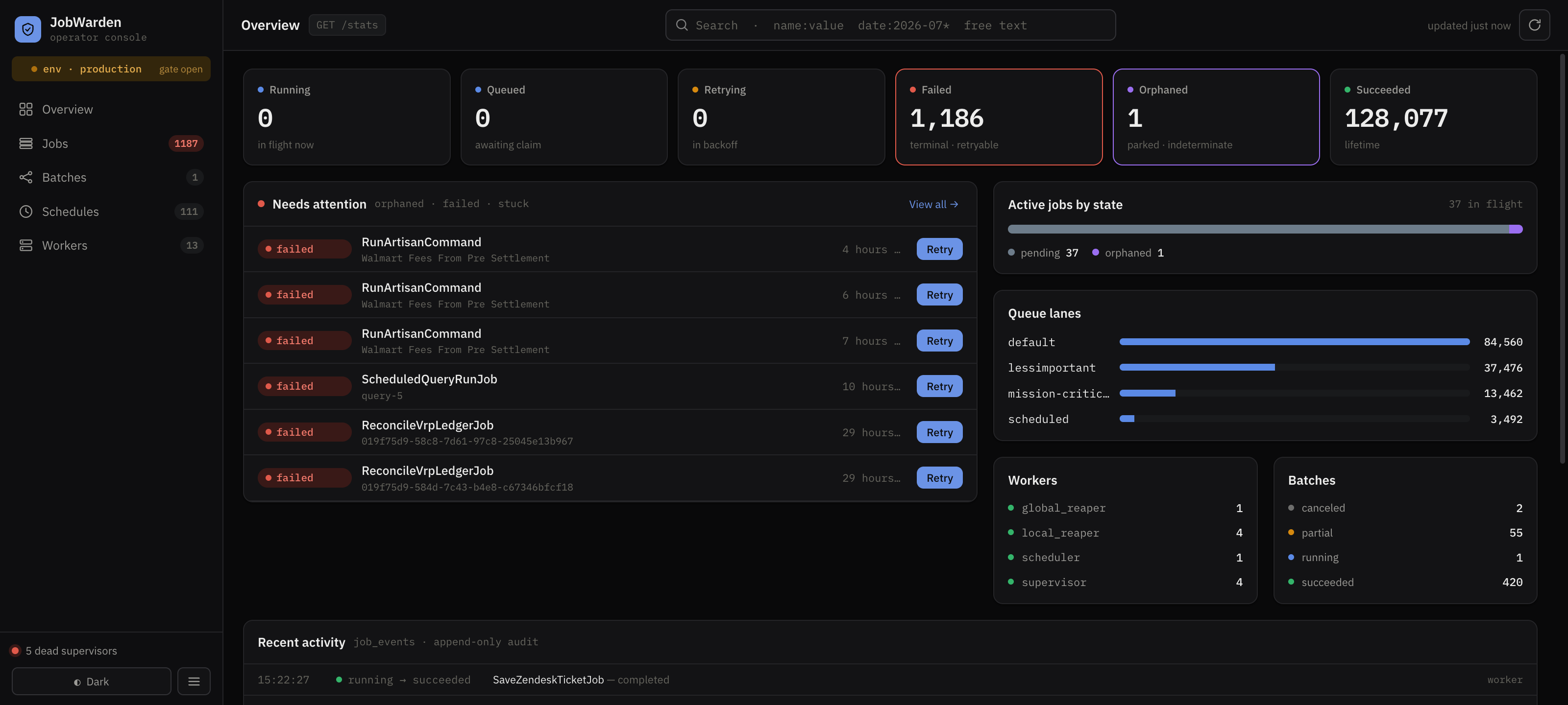 The JobWarden operator console — a live production fleet
