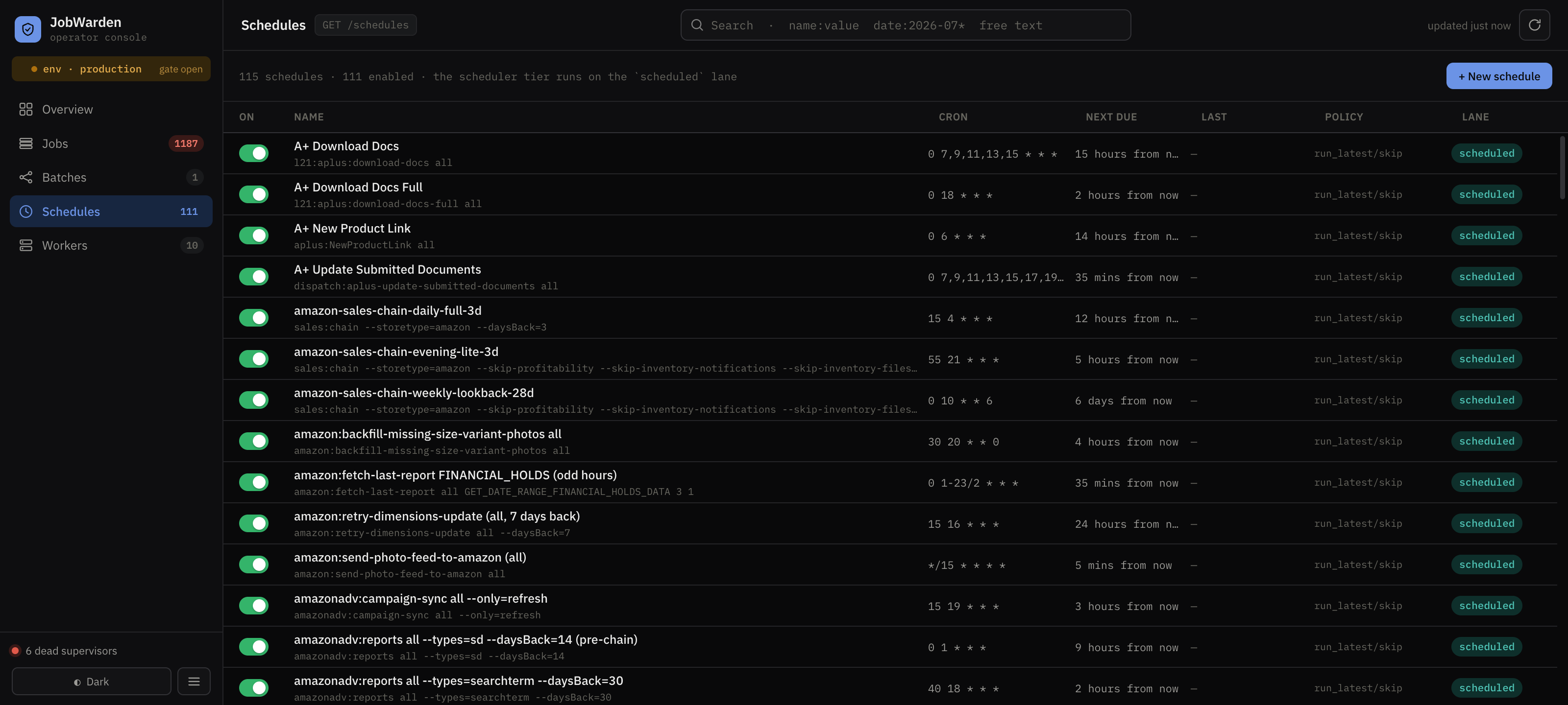 Production schedules — cron expressions, next-due, policies, per-schedule toggles