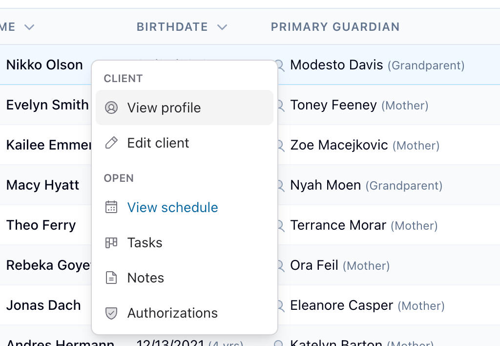 Filament Right Click table row context menu screenshot