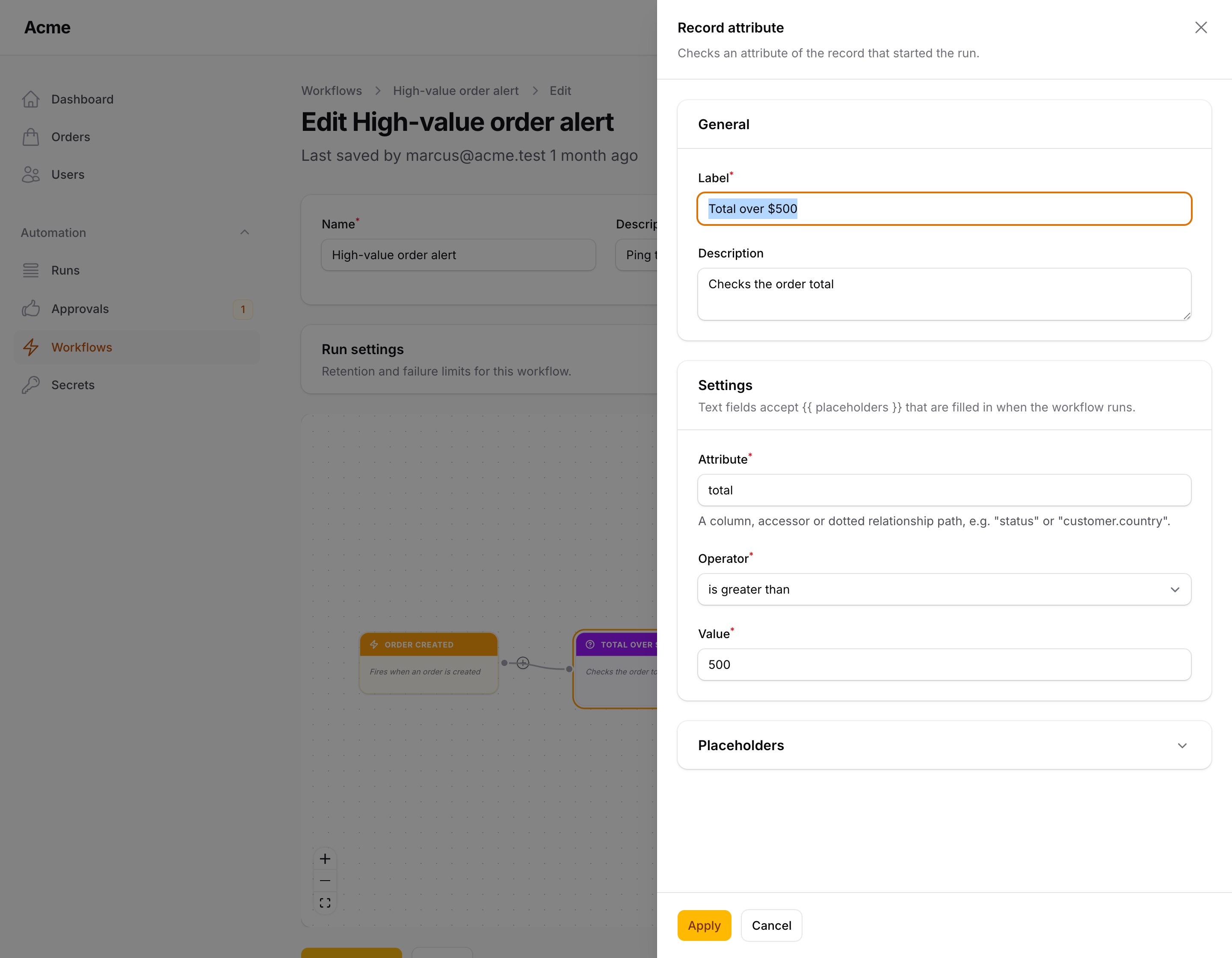 The settings slide-over for a Send email action