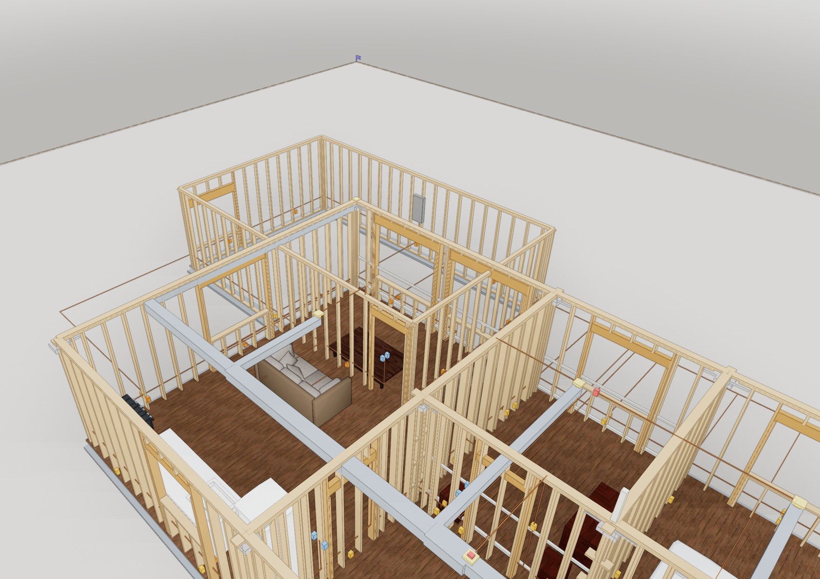 The Bones X-ray in the Pascal editor — wall framing, headers, HVAC trunks, and electrical wiring visible in place of the finished walls