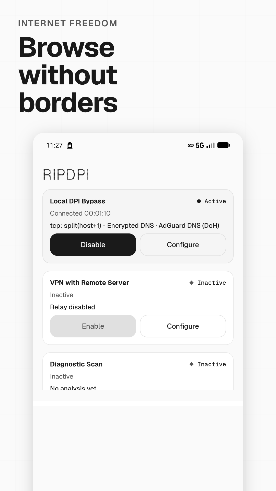 RIPDPI home screen with local path strategy, relay path, and diagnostic scan controls