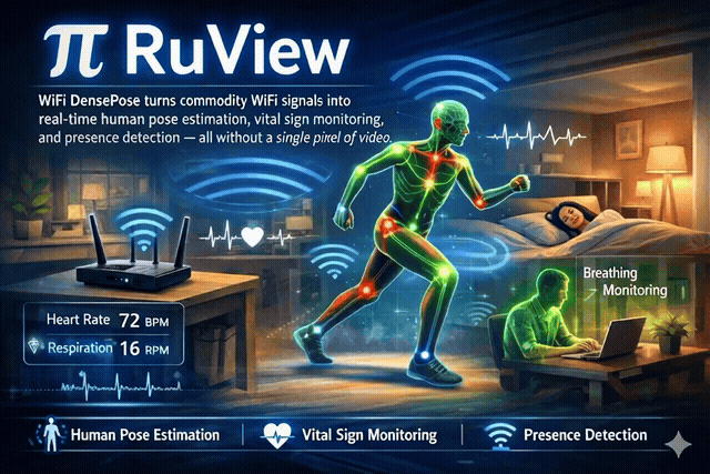RuView - WiFi DensePose — animated visualization of real-time pose estimation, breathing, and heart-rate sensing through WiFi