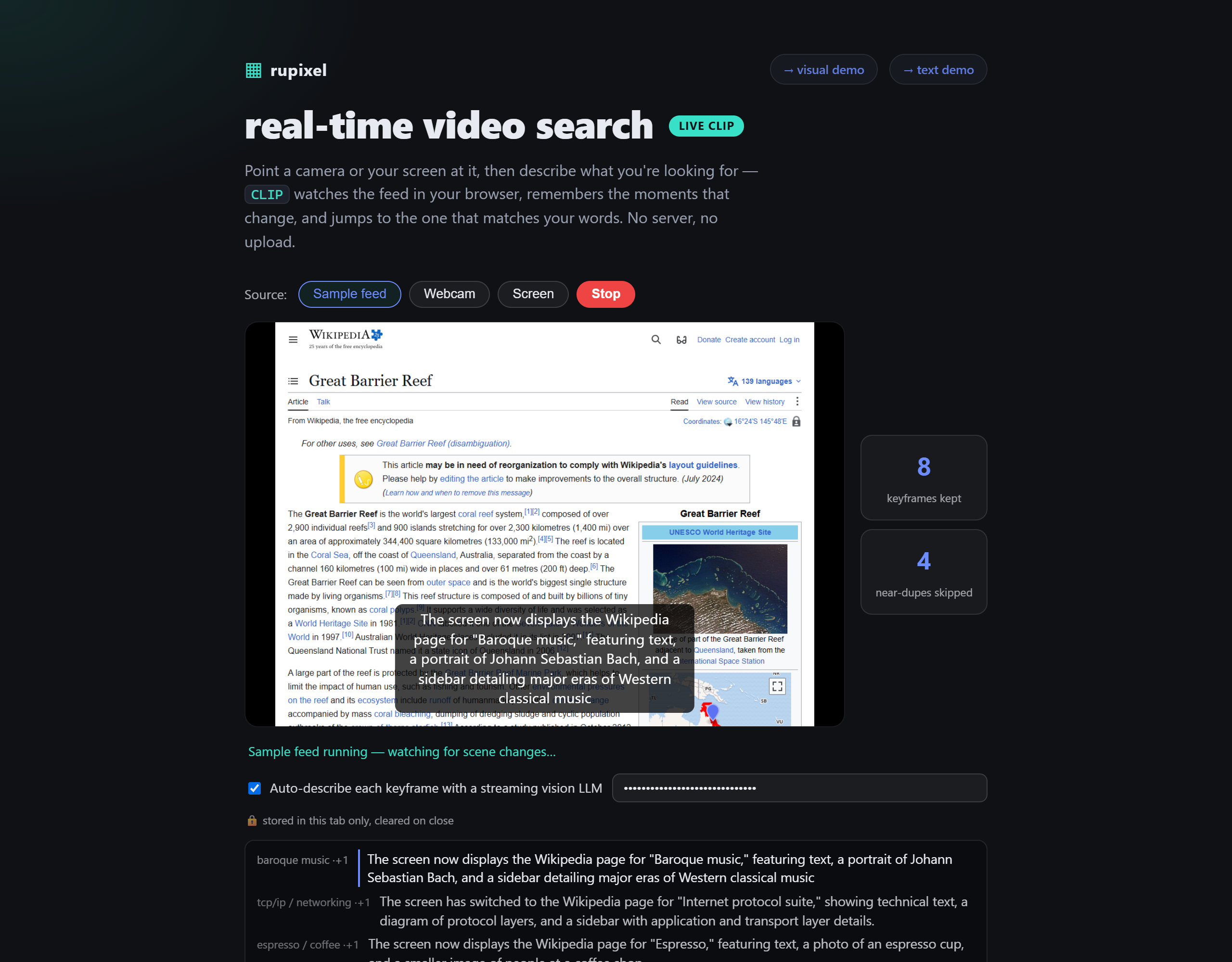 rupixel live captions — streaming Qwen3-VL narration over a video feed