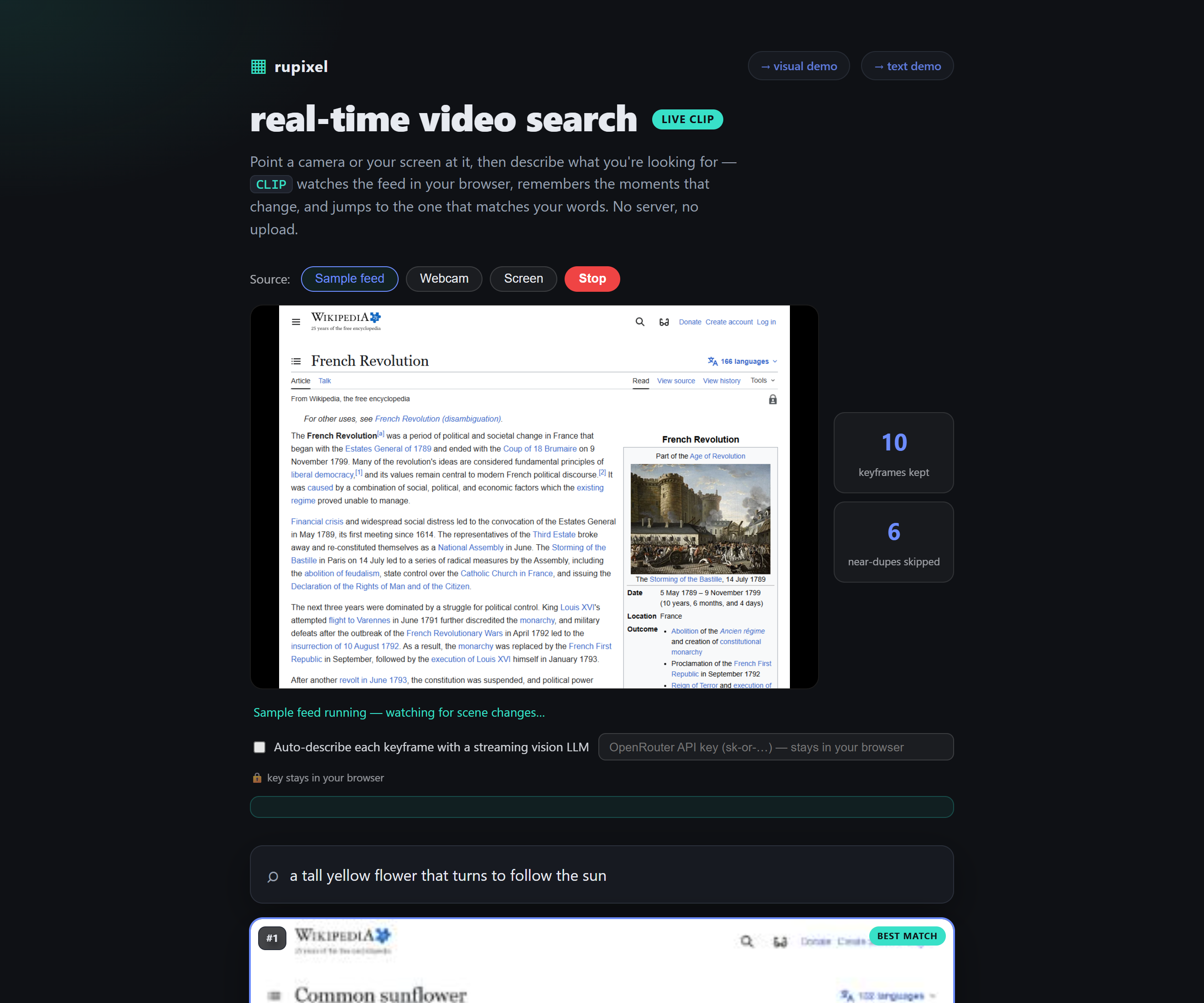 rupixel real-time video search — live CLIP keyframes in the browser