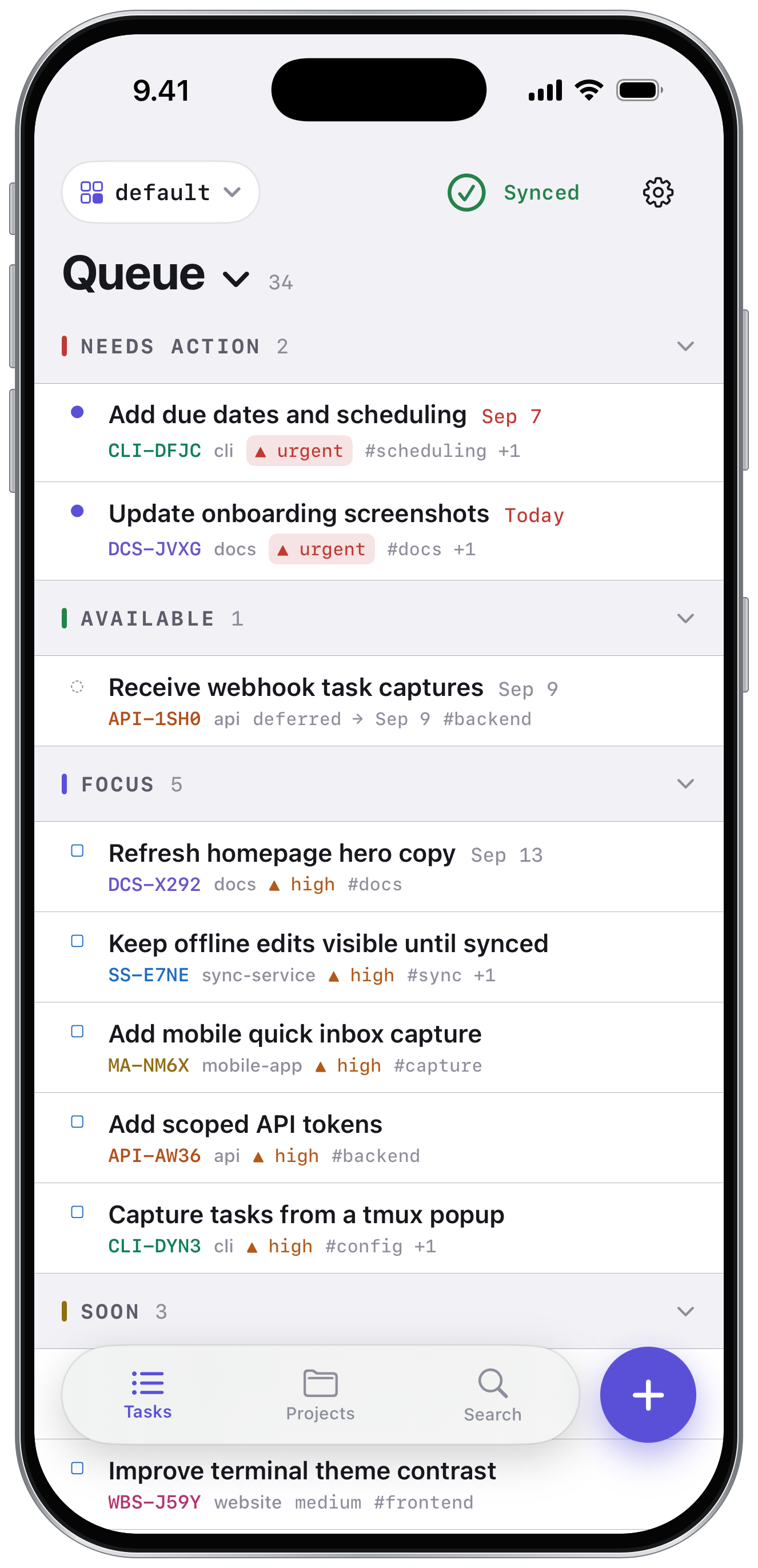 Aven iOS queue in light mode with the TUI demo tasks, priorities, and project labels in an iPhone frame