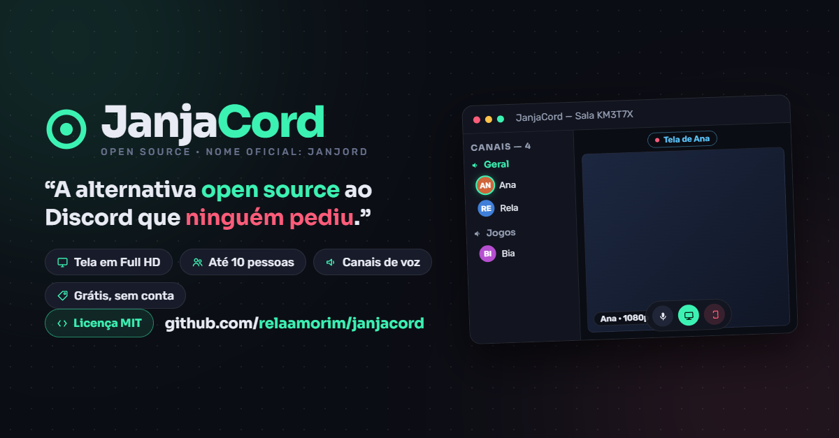 Arte de divulgação do JanjaCord: salas de voz com tela em Full HD, canais de voz e chat
