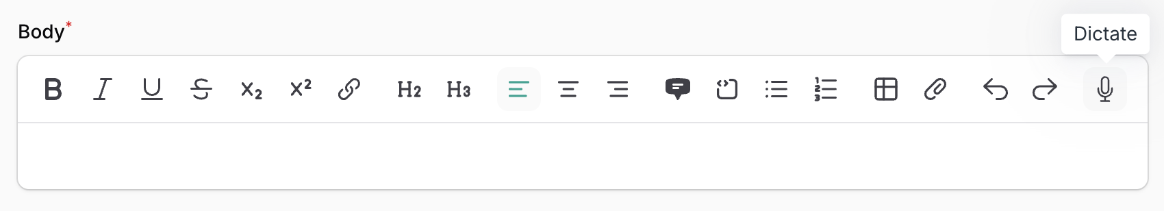 A RichEditor toolbar with a dictate (microphone) button