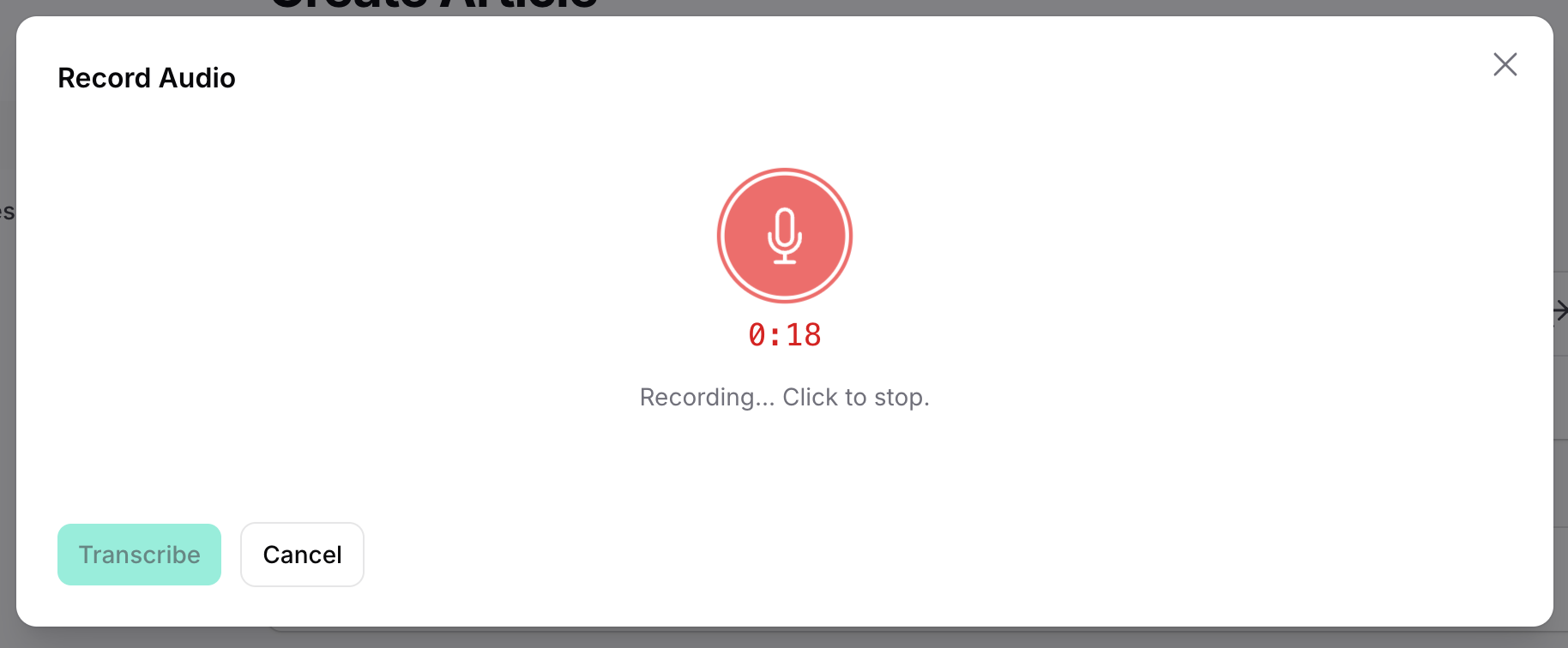 The Record Audio modal while recording, showing a pulsing mic and an elapsed timer
