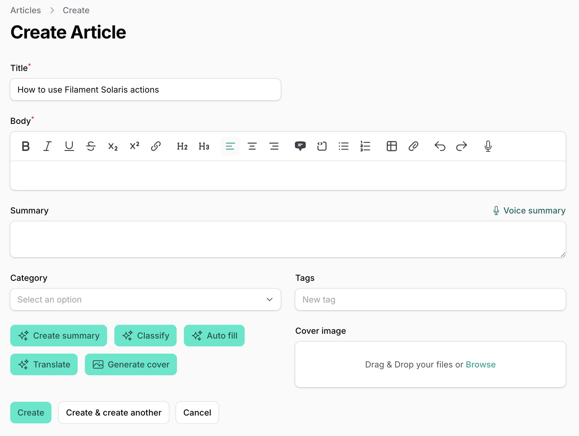 A Create Article form with Solaris action buttons (Create summary, Classify, Auto fill, Translate, Generate cover), a RichEditor dictate button, and a Voice summary hint