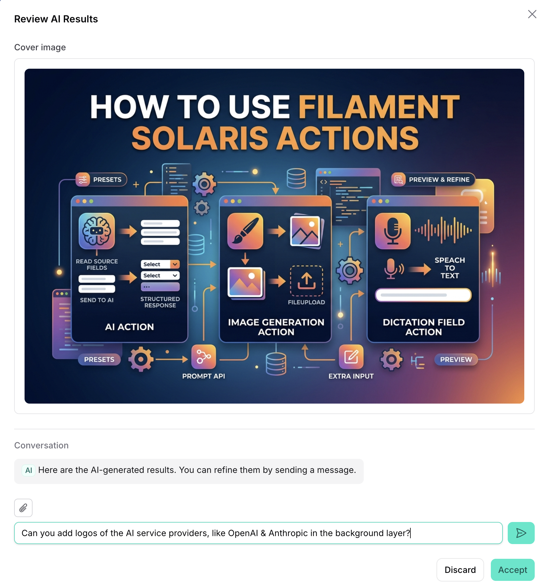 A generated cover image shown in the Review AI Results modal, with a chat box to refine it