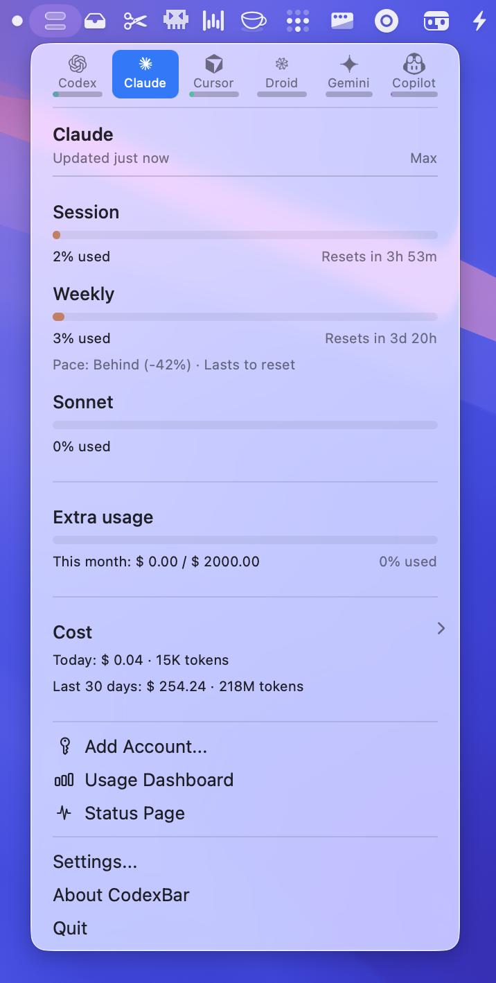 CodexBar menu popover with provider tiles, usage bars, and reset countdowns