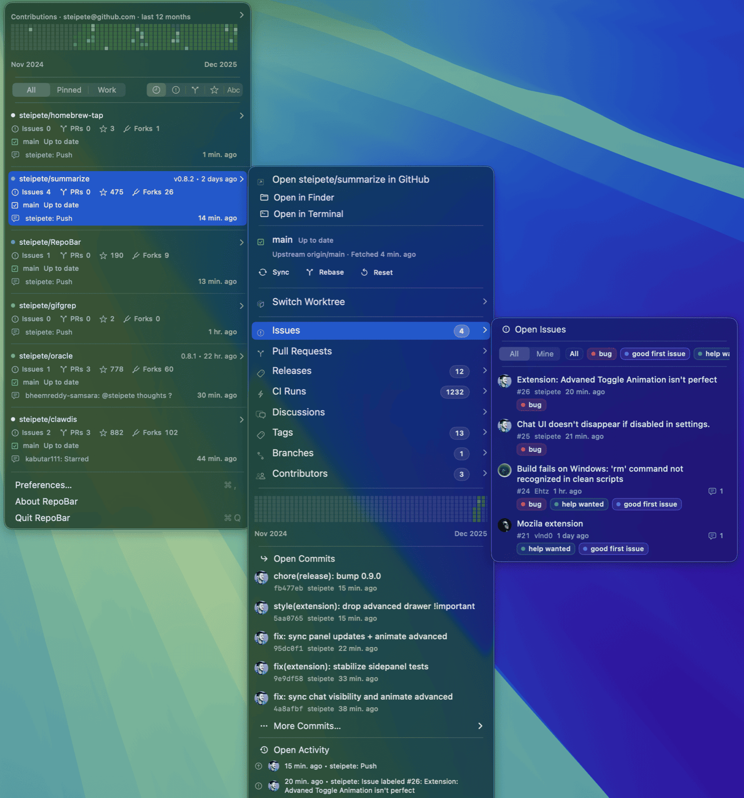 RepoBar showing repository status, local Git state, and an issues submenu