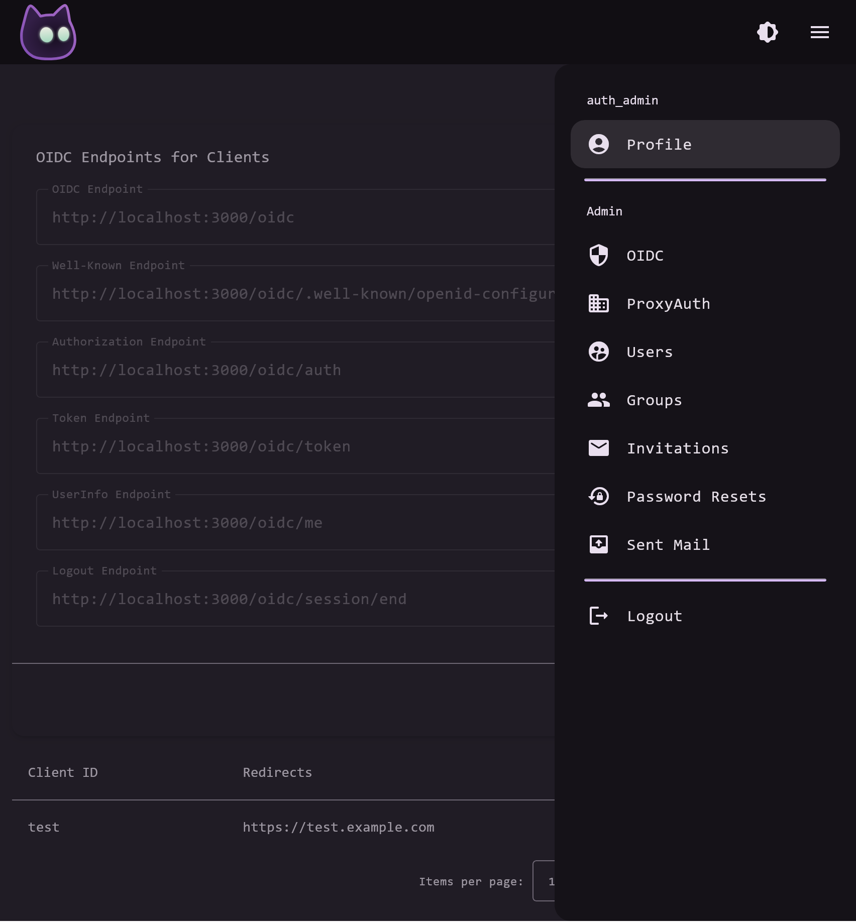 An Admin Page with the Admin Side Panel Open