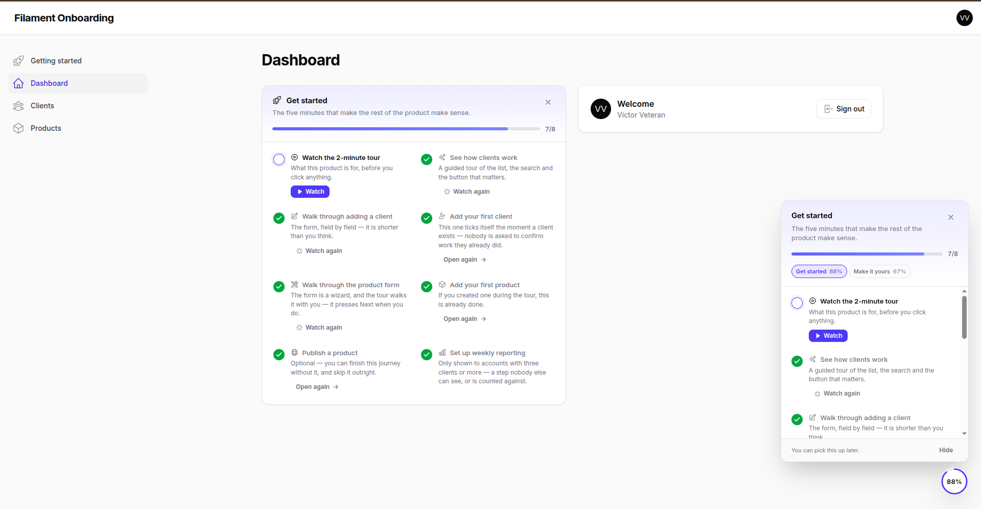 The checklist follows the user across every page of the panel