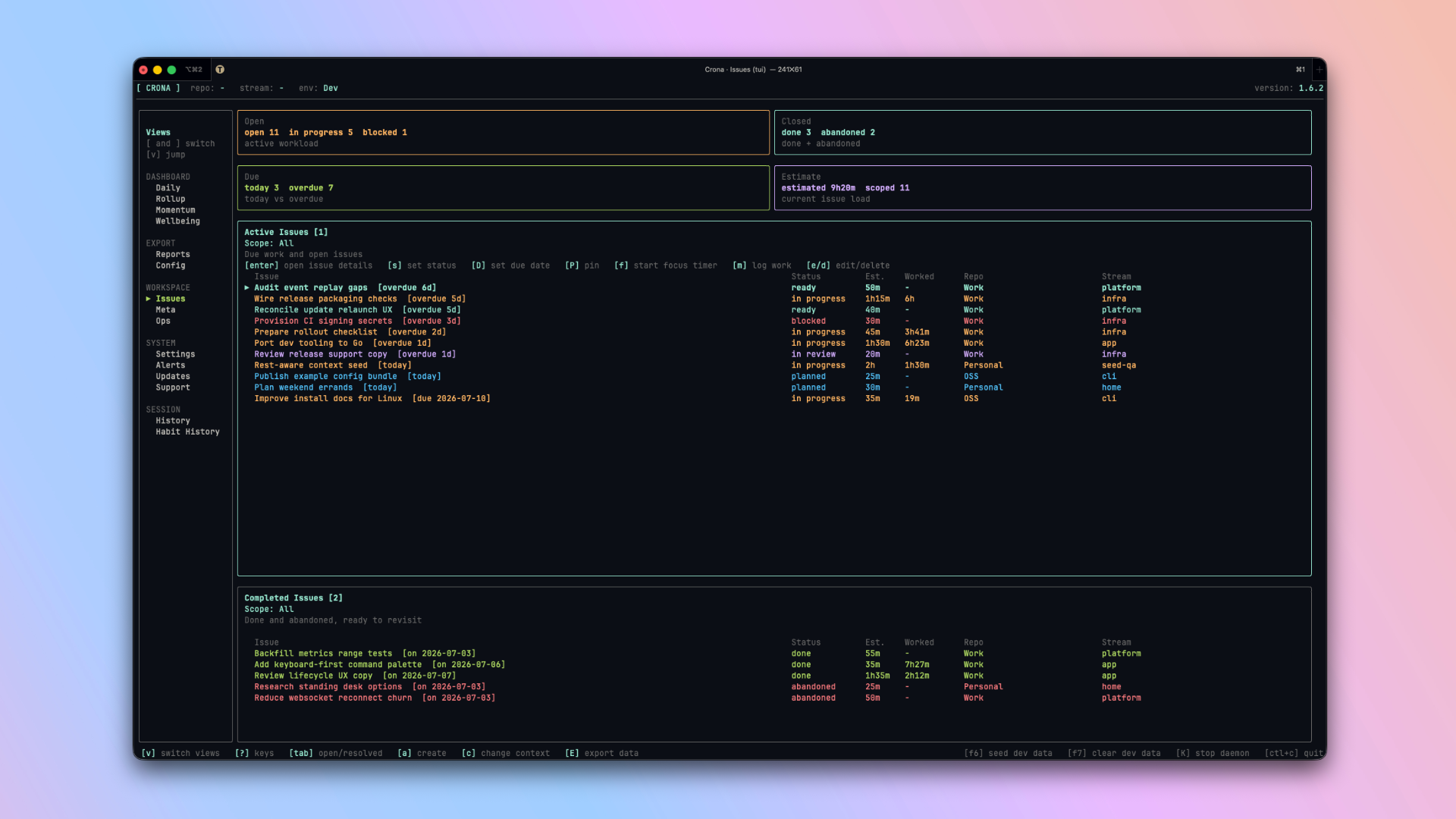 Issues view showing scoped work and lifecycle status