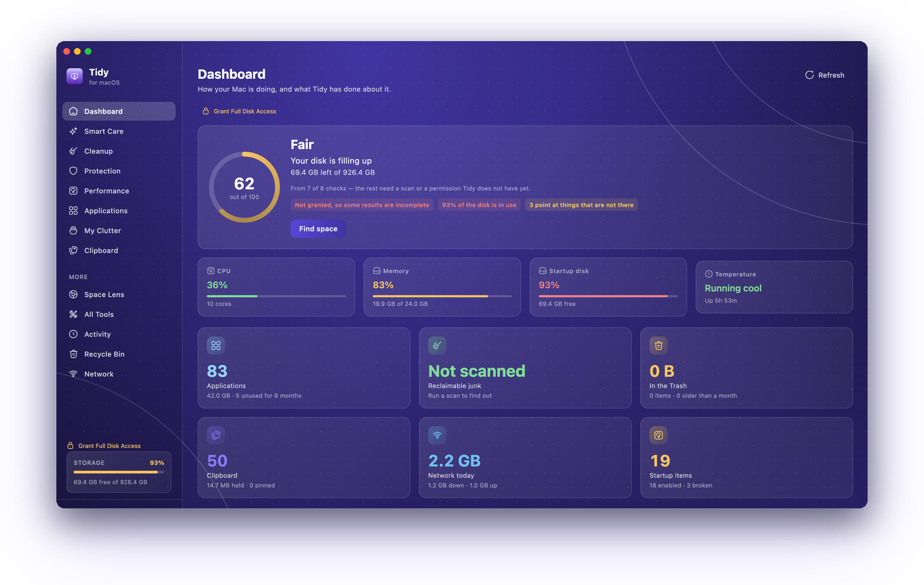 Tidy's dashboard: a health score, live vitals, and what can be reclaimed